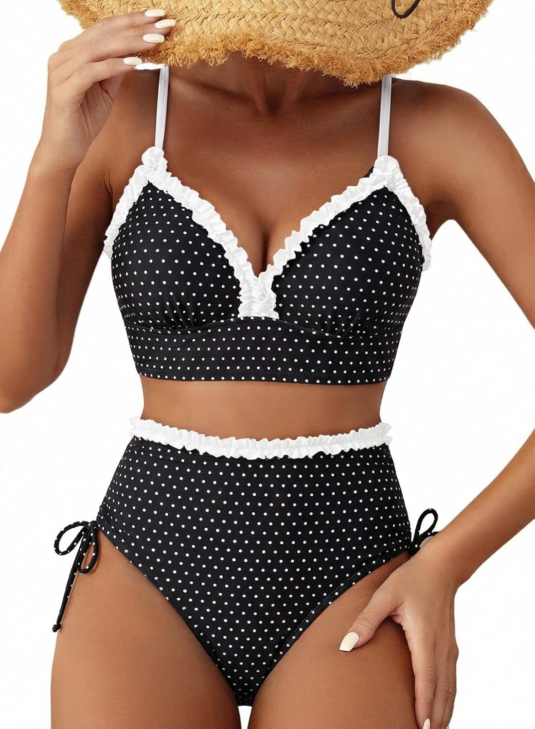 Herseas Women's Splice Ruffle Trim Bikini Sets Tie Side Swimsuits High Waisted Bathing Suits