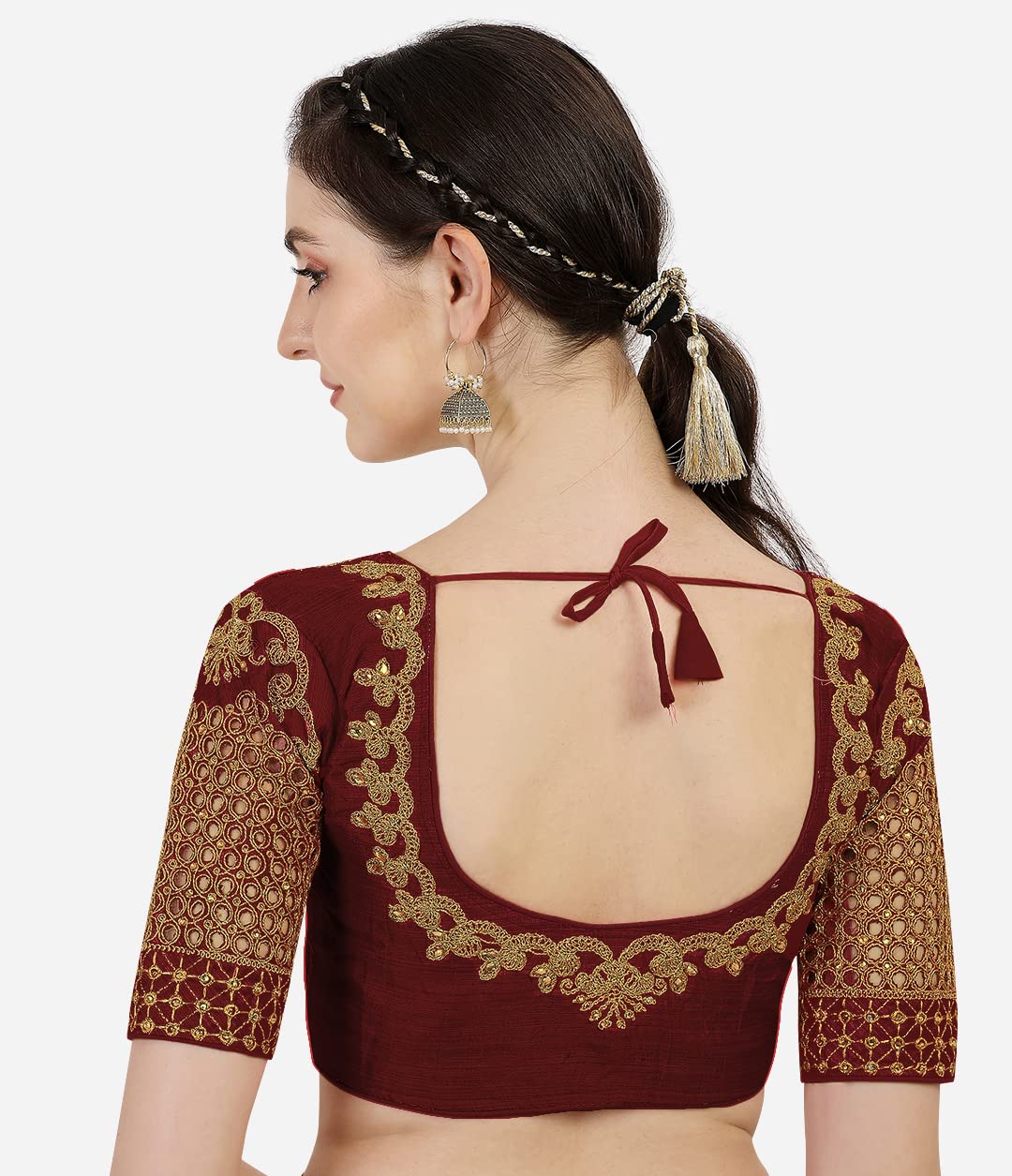 Pujia Mills Women's Silk Checks Half Sleeve Blouse (Jali New Variation Blouse_Maroon_Free Size)