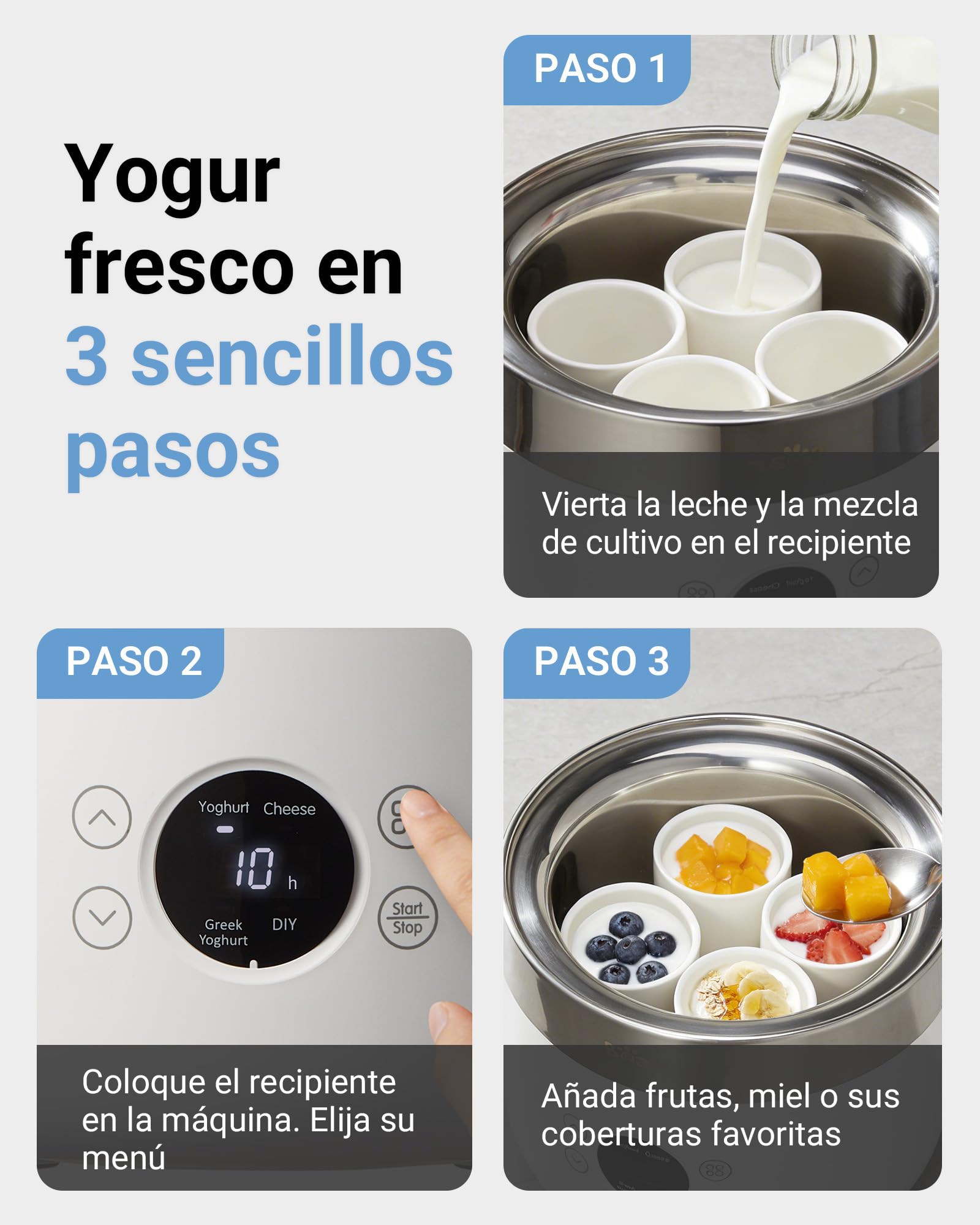 Bear Yogurtera y elaboradora de queso fresco, con 4 vasitos de porción en cerámica de 125 ml, 2 recipientes de cristal XXL de 1 litro y 4 programas preajustados para yogur griego y queso
