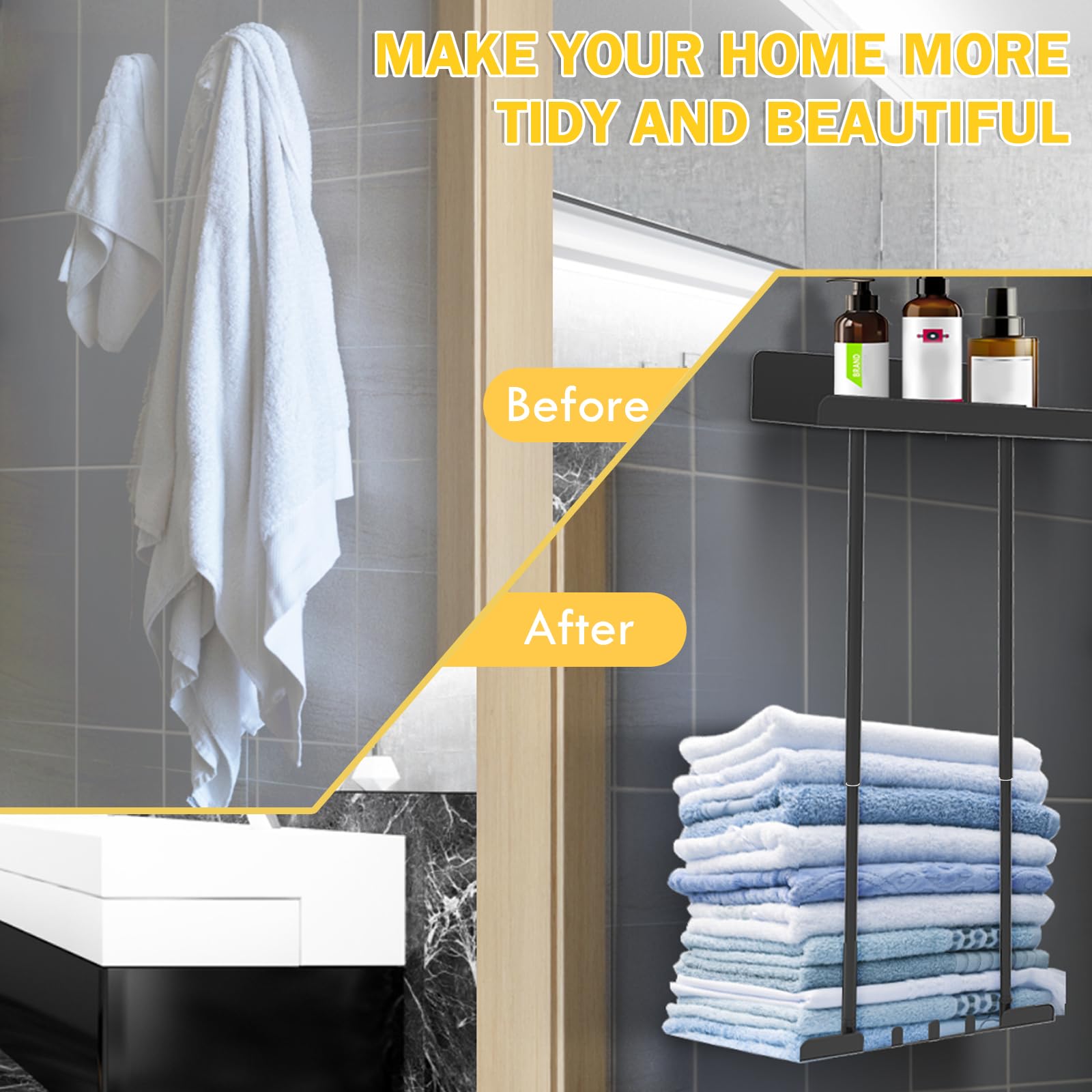 Amazon.com: 浴室毛巾架壁掛式自黏式毛巾架附架和3 個掛鉤,適用於小型浴室,可調節高度的金屬毛巾收納,適用於捲式毛巾收納架,大型毛巾,黑色:  居家與廚房