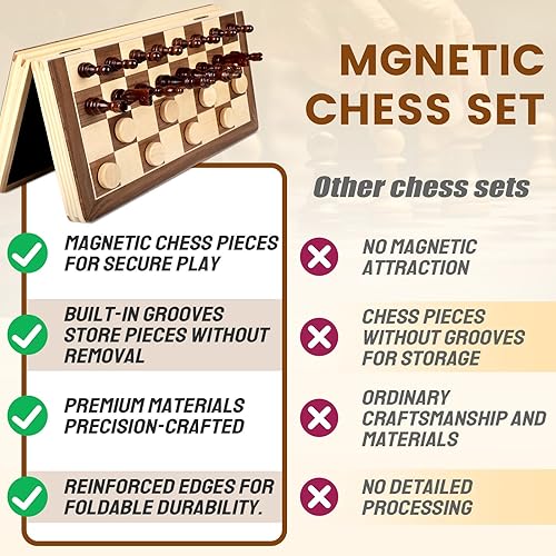Miniatura 6 de LEAP Juego de ajedrez magnético de madera de 15.5 pulgadas, tablero de ajedrez plegable de 3 pulgadas, piezas de ajedrez de altura King de 3
