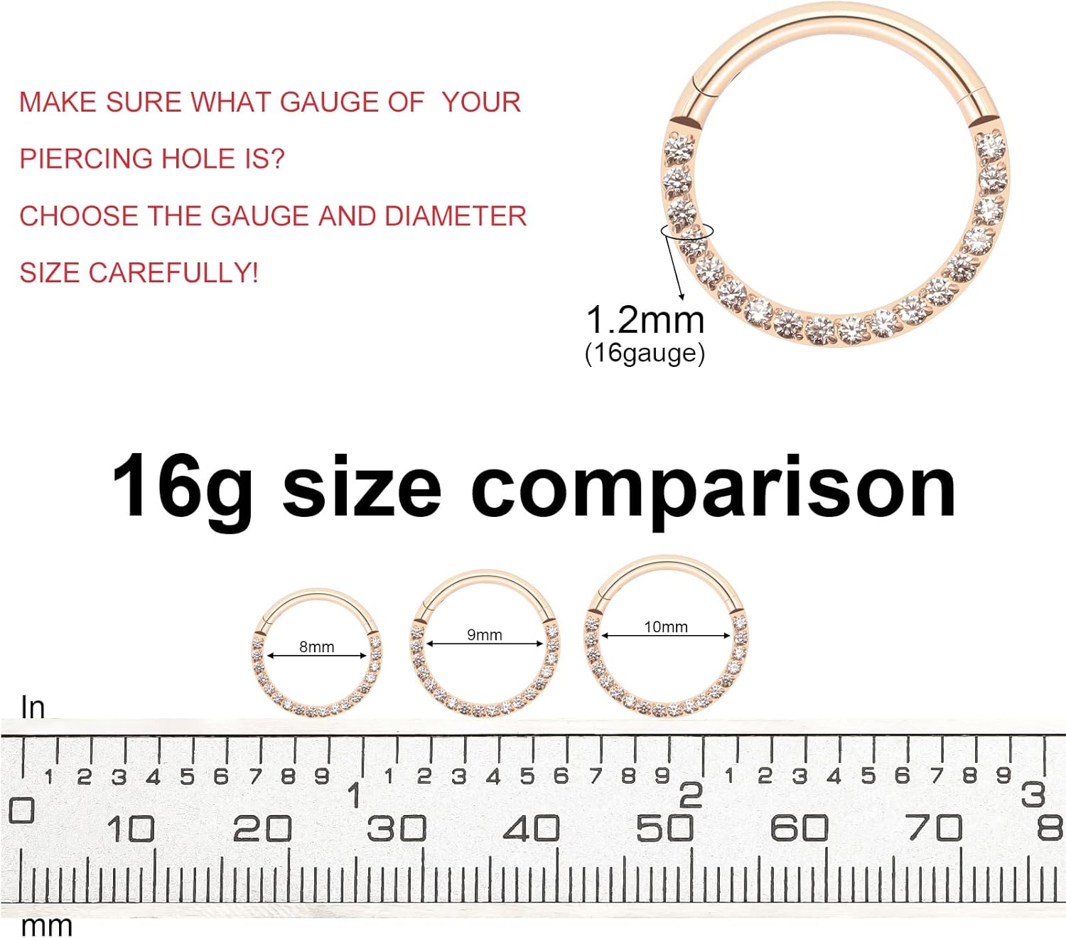 BLISI G23 Titanium Nose Rings Hoop Septum Clicker 16G Hinged Nose Segment Ring Hoop 8mm/9mm/10mm Cubic Zirconia Cartilage Earrings Conch Daith Helix Rook Tragus Ear Body Piercing Jewelry - Image 3