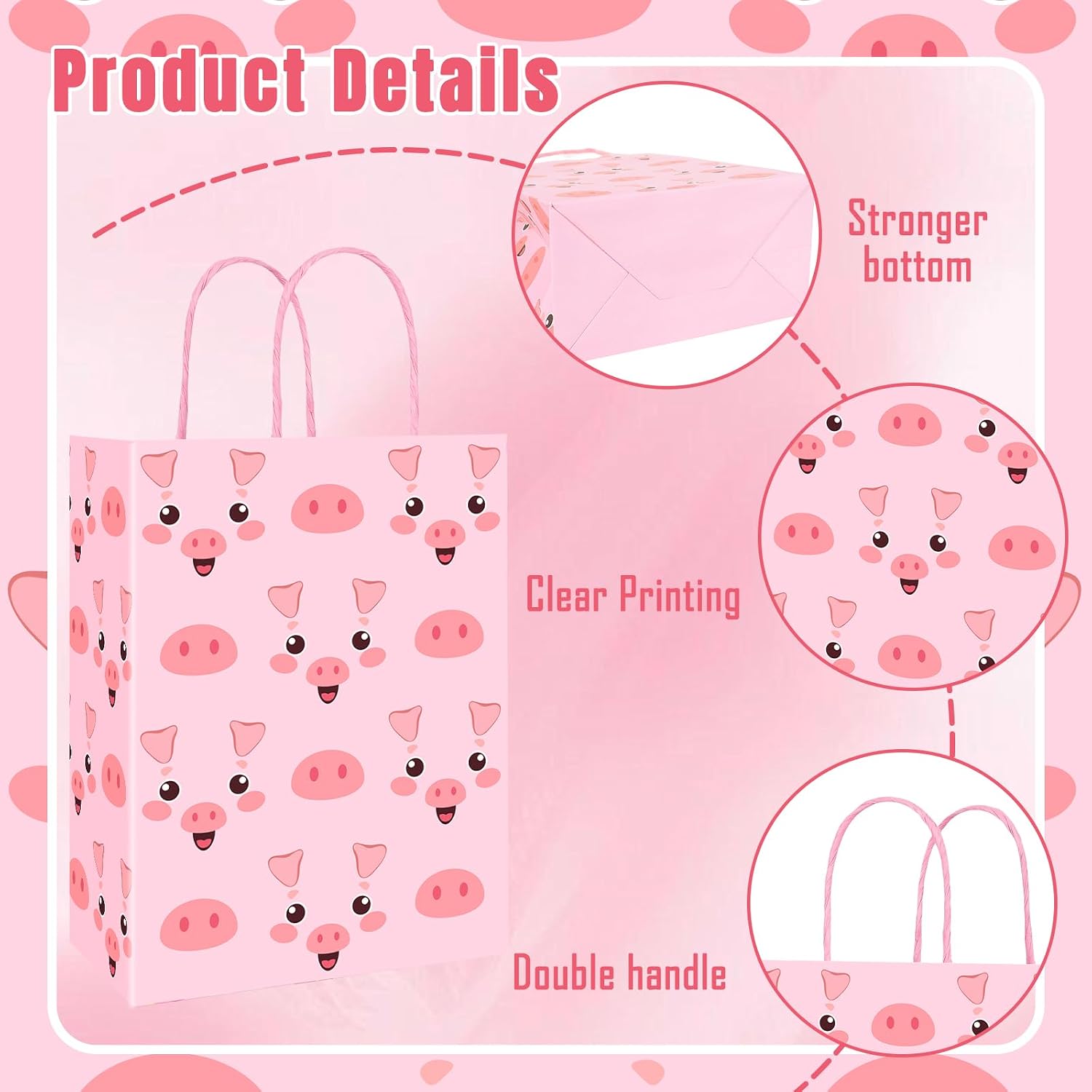 FYSUIMU 24Pcs Pig Paper Bag Pink Pig Treat Bags with Handles Farm Animal Candy Goodie Bags for Birthday Baby Shower Party Favors Supplies image 3
