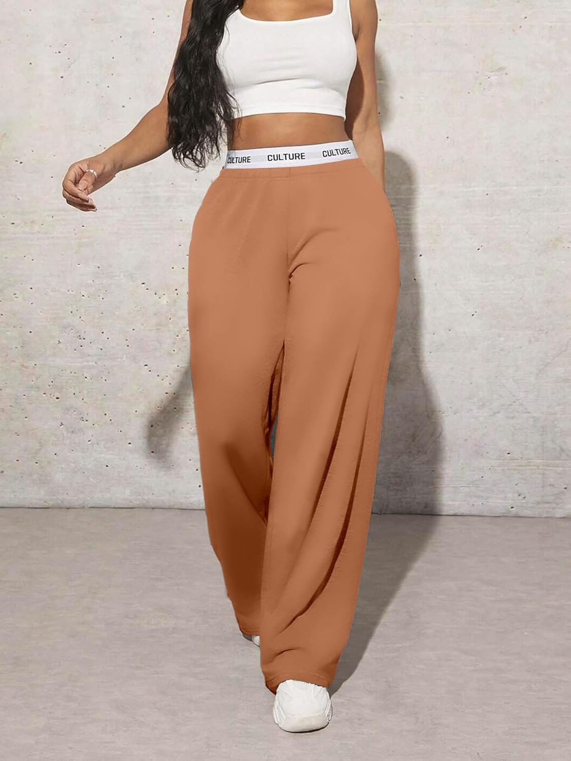 Women’s Black Wide Leg Sweatpants – High Waist “Culture” Letter Elastic Waistband Lounge Pants for Casual Streetwear