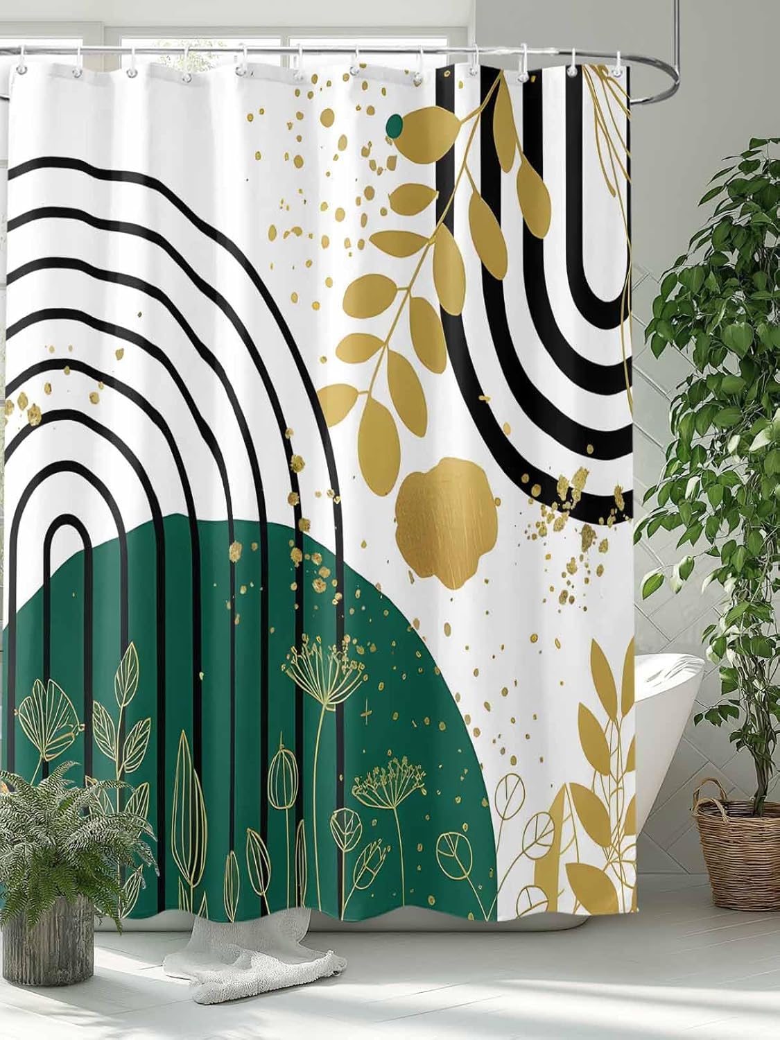 Green Black Gold Boho Shower Curtain Abstract Green Gold Leaves Plant Modern Waterproof Bath Curtain for Bathroom,Mid Century Gold Green Geometric Shower Curtain Set with Hooks 72x84 Inch