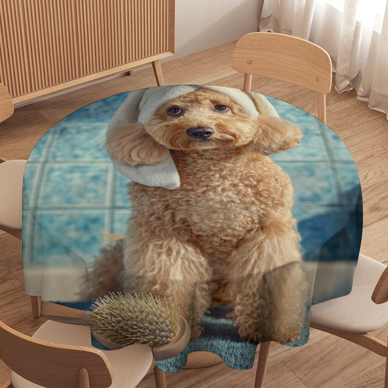 LUYYSKY Cute Oil Painting Animal Dog Round Tablecloth Modern Aesthetic Bathroom Art Pet Puppy Print Washable Decor for Table Cover for Kitchen-177.8" Wx177.8 L cm