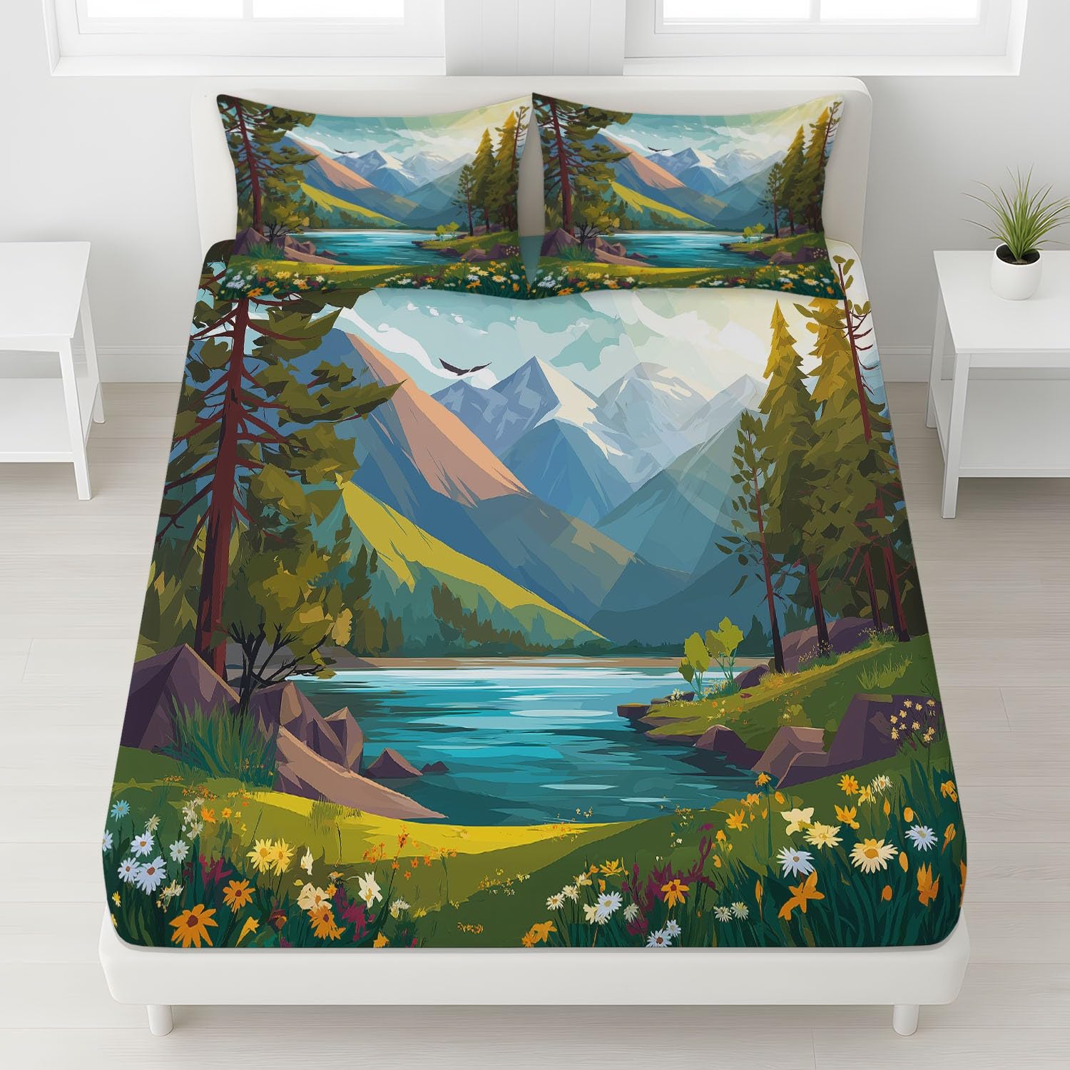 Sabana Bajera 180 x 200 cm 3 Piezas + 2 Fundas 50 x 75 cm, Se Adapta a Colchones de hasta 30 cm, Microfibra Suave, Transpirable, Antiarrugas, Verde, Dibujos Animados Paisaje Flores