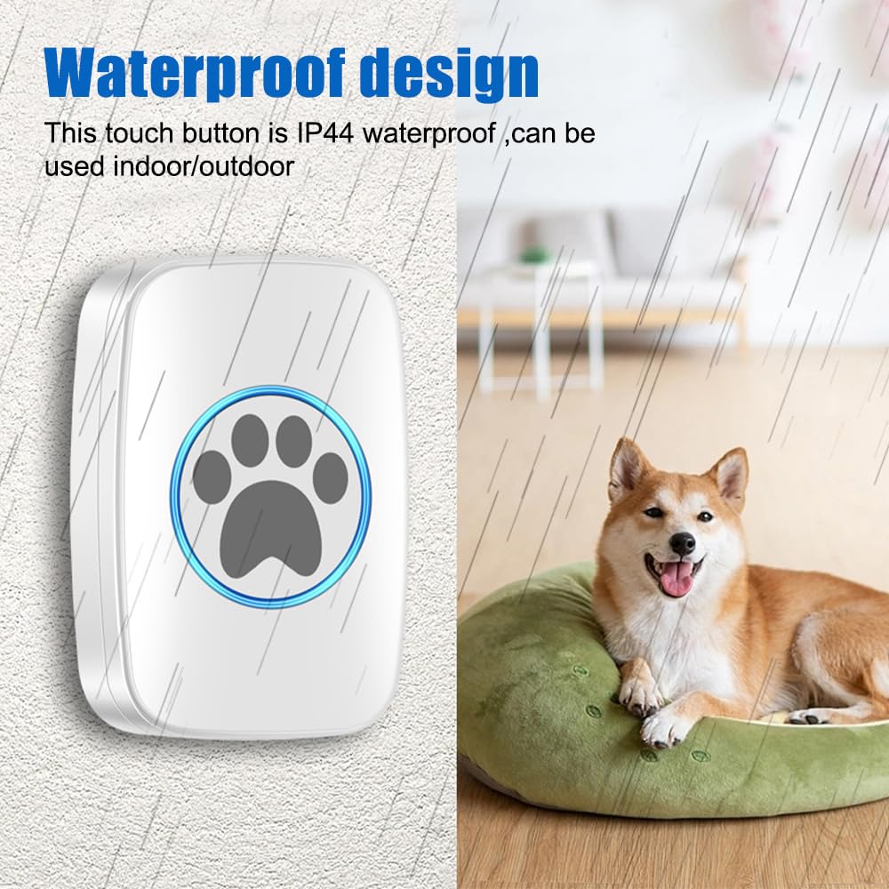 DONGKER Campanas de entrenamiento inalámbricas para mascotas, timbre inalámbrico para perros/gato, timbre de puerta IP44 resistente al agua con 60 tonos de llamada y 5 niveles de volumen ajustable