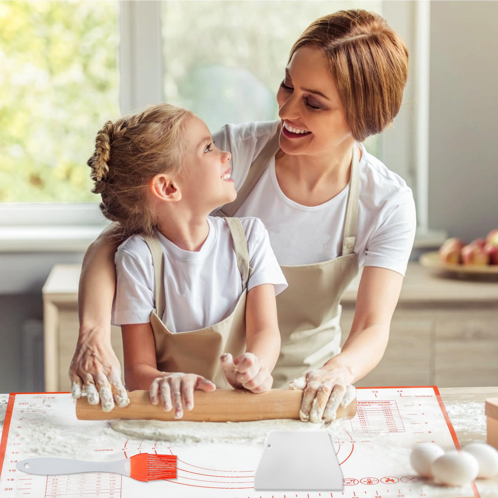 4er Set Nudelholz und Backmatte mit Backpinsel & Teigschaber, Antihaft-Silikon-Backmatte und Hölzerne Teigrolle zum Backen für Teig Brot Pizza Gebäck Plätzchen