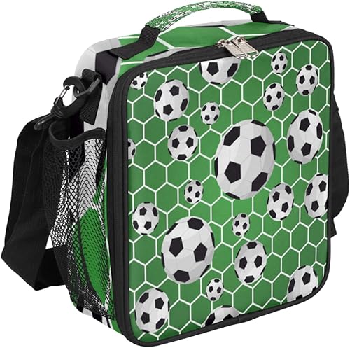 Bolsas de almuerzo con patrón verde de fútbol para niños, bolsa de almuerzo reutilizable, bolsa de almuerzo aislada, bolsa de almuerzo