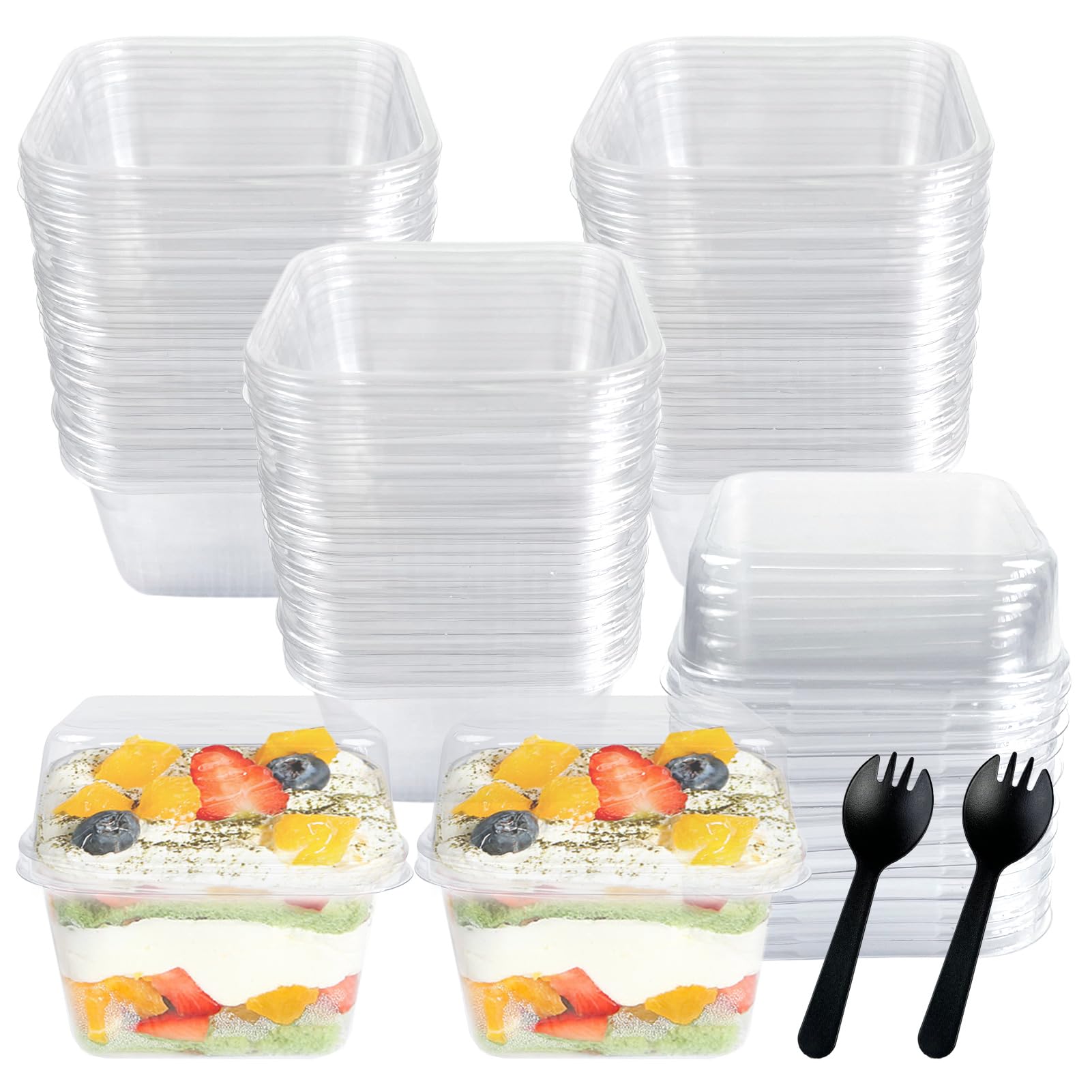 100 Pack Disposable Clear Plastic Cups Ice-cream Cups with Lids and Sporks, 8 oz Square PET Sundae Dessert Cups for Iced Coffee Cold Drinks Frozen