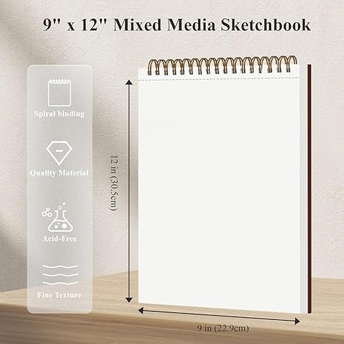 Miniatura 2 de Cuaderno de bocetos para medios mixtos de 9" x 12" - Cuaderno de bocetos multimedia de tapa dura, encuadernado en espiral, 60 hojas de papel