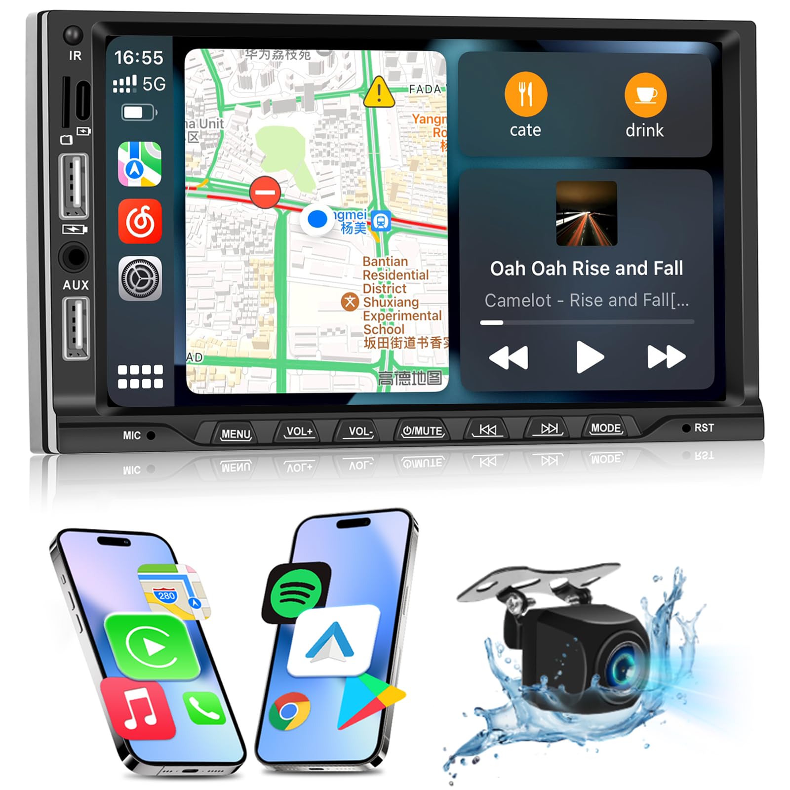 NHOPEEW Radio samochodowe 2 DIN z bezprzewodowym Carplay i Android Auto – 7 cali, 2 Din Raio, obsługa EQ FM, sterowanie kierownicą, 16 interfejsów użytkownika, wejście AUX SD, podwójne wejście USB +