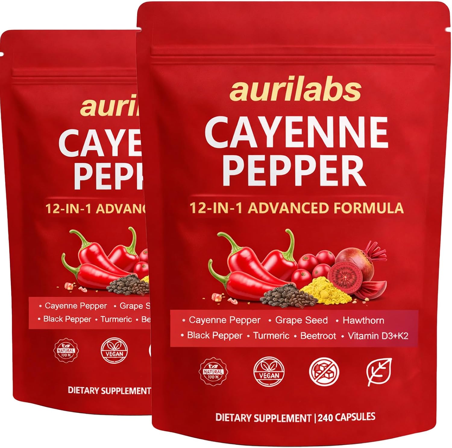 Aurilabs Cayenne Pepper softgels - Vitamin D3+K2 Complex, Circulation Support Formula with Capsaicin & Botanicals, Vegetarian, Non-GMO Softgels for Daily Wellness (2)