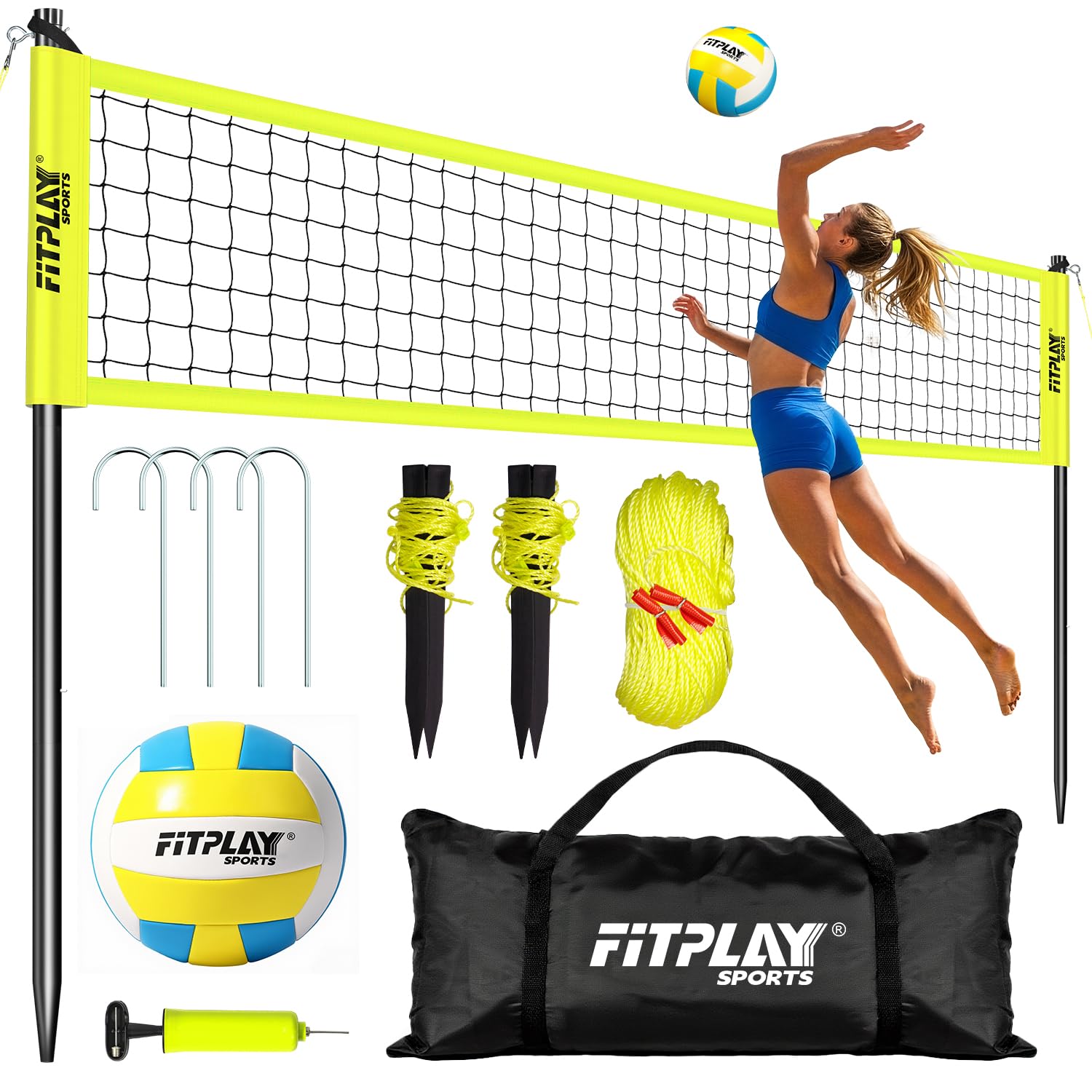 Portable Outdoor Volleyball Net Set,32FT Regulation Size Volleyballs Net System with Height Adjustable Poles,PU Volleyball,Pump,Boundary Line,Anti-Sagging and Carry Bag for Backyard,Beach,Lawn