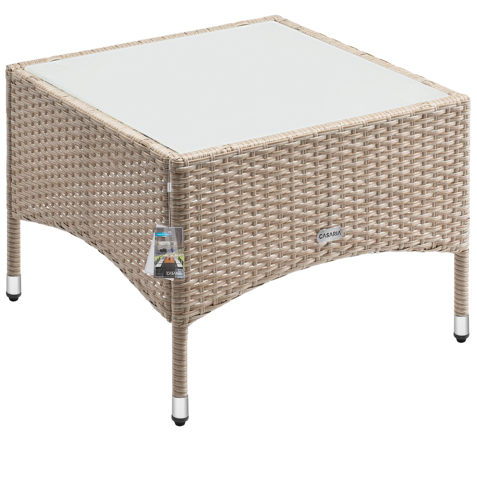 Casaria® Polyrattan Beistelltisch 58x 58x 42 cm Höhenverstellbare Füße 5mm Sicherheitsglas Wetterfest Gartentisch Balkontisch Kaffeetisch Outdoor Creme