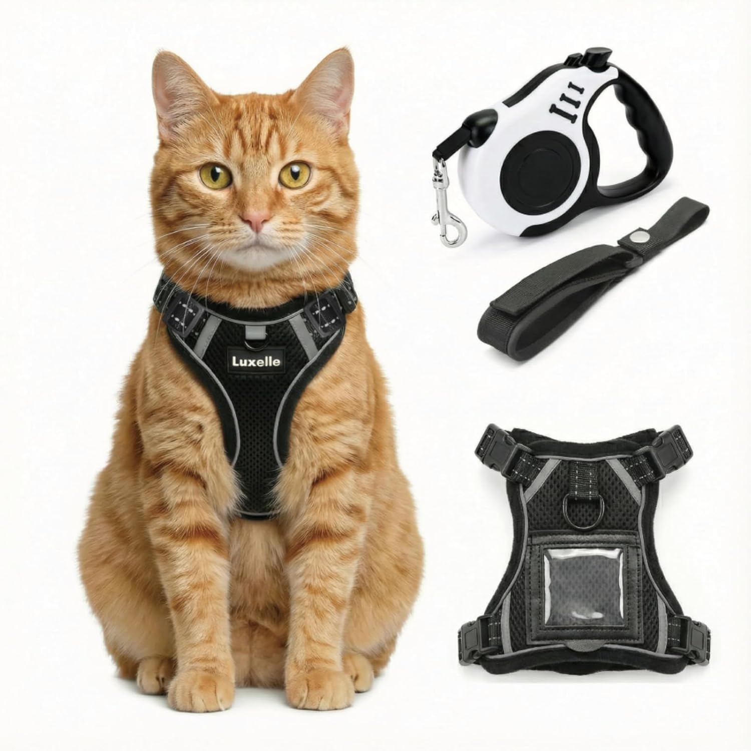 Luxelle Escape-Proof Cat Harness and Leash Set – Adjustable No Pull Soft Vest with 360° Reflective Straps, Built-in Pocket & Wrist Strap, Breathable Mesh Outdoor Harness