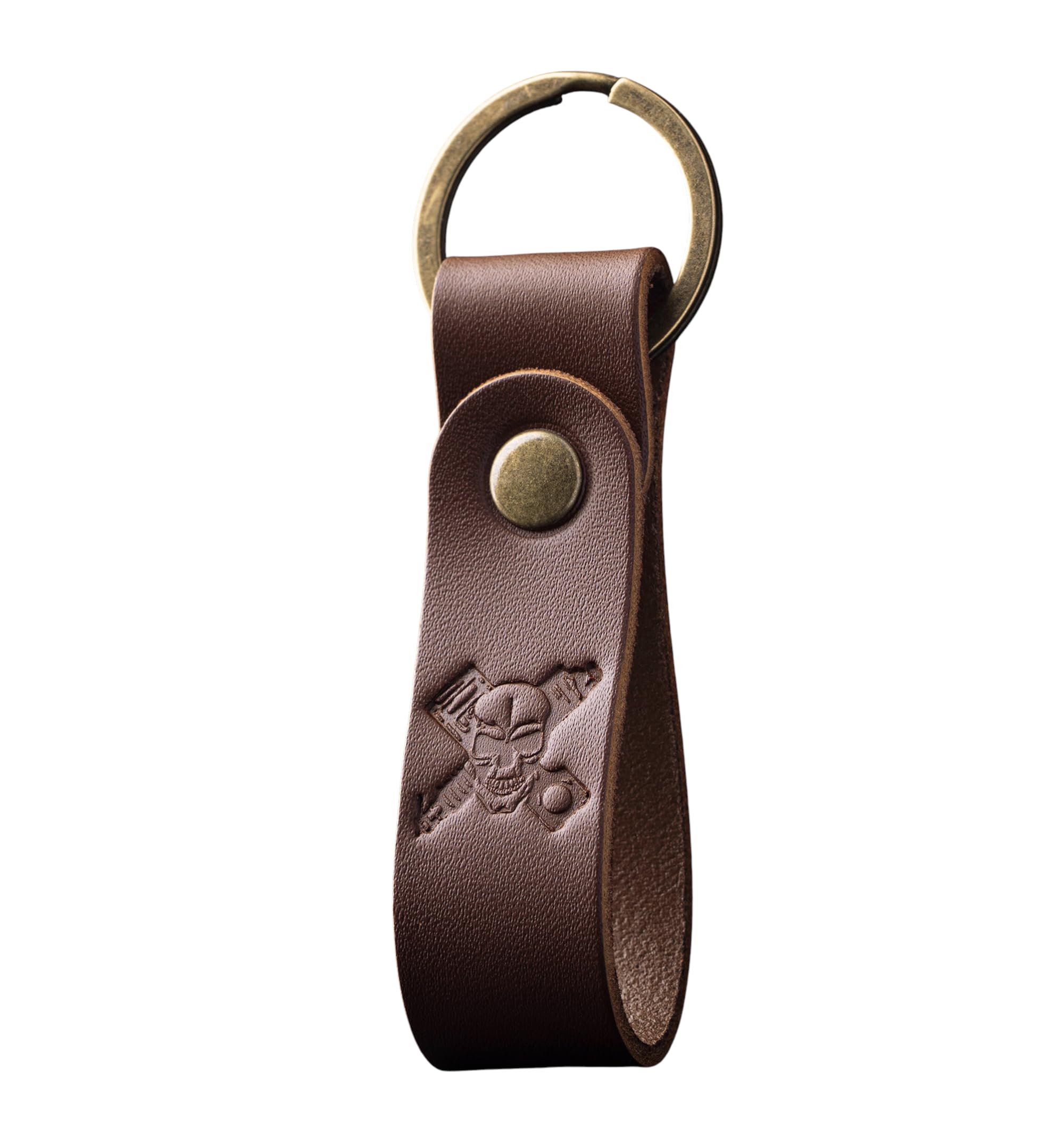Magor Unisex Skull Pistons Full Grain Leather Keyring, Personalised Key Ring For Men & Women, Matte Brown Leather Keychain, Hot Embossed Design, Gift Box (Skull Pistons)