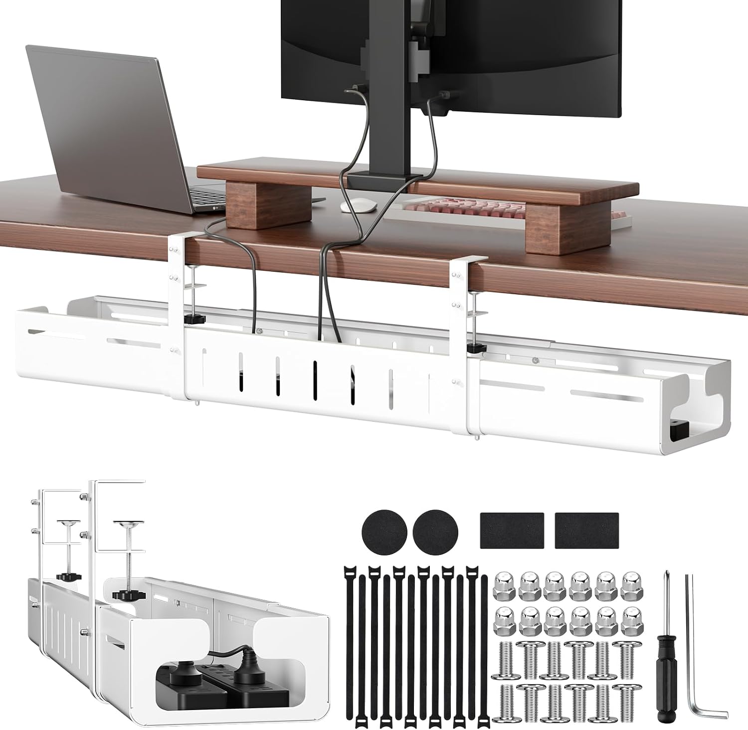 Under Desk Cable Management Tray, Expandable 25.2"–38.6" Cable Tray, White