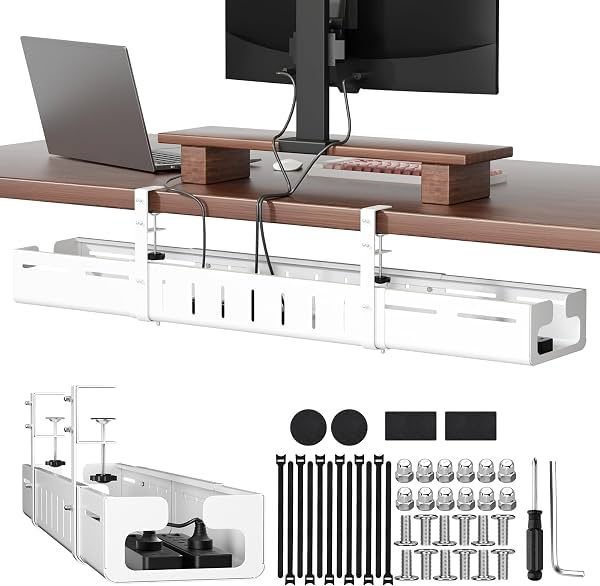 Bandeja organizadora de cables bajo escritorio, expandible 25.2"–38.6", blanca | Sin perforación con montaje de abrazadera, acero al carbono resistente, organizador de cables para oficina y hogar