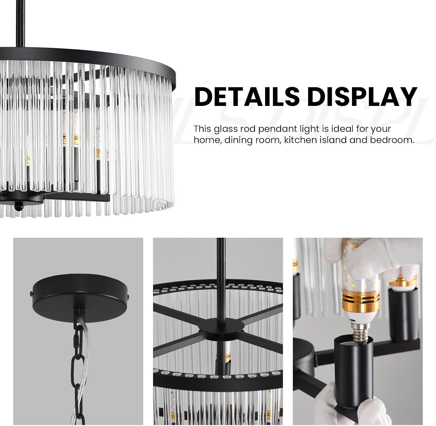 Drum Glass Chandelier, 5-Light Black Round Glass Chandeliers with Adjustable Height, 19.7 inch Modern Crystal Pendant Light Fixture for Dining Room Bedroom Living Room Kitchen Island Entryway