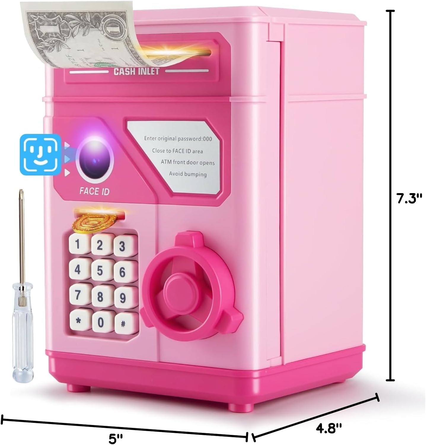 GONINO Piggy Bank for Kids - Electronic ATM Money Safe for Girls with Code & Face ID Sticker, Mini ATM Coin Bank Money Saving Box Toys with Auto Grab Bill Slot, Birthday Gifts for 5-12 Year Old Girl
