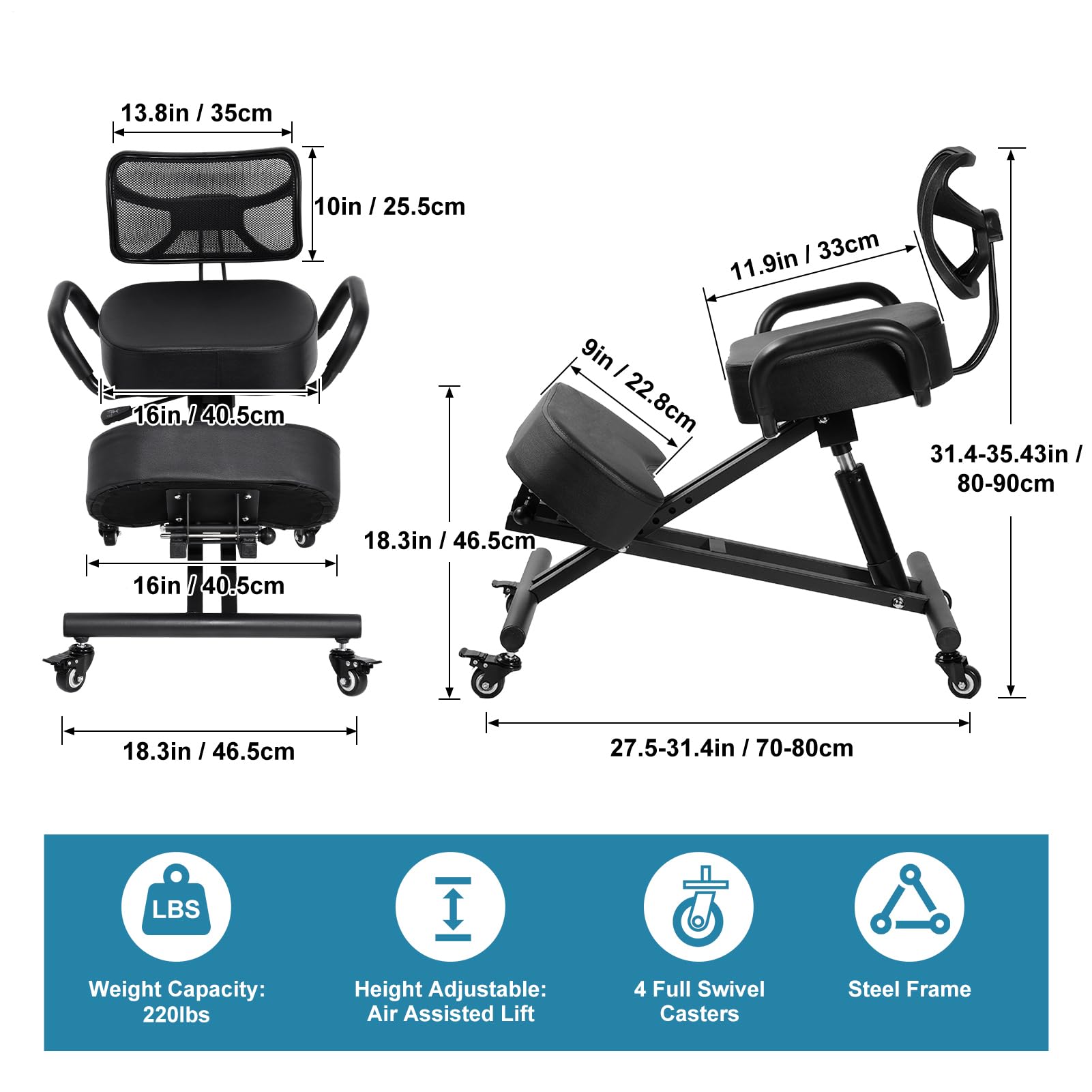 Chaise À Genoux, Chaise Ergonomique avec Support pour Les Genoux Et Le Dos, Chaises De Bureau Ergonomique, Inclinaison Réglable Entre Le Siège Et Les Genouxs, pour Le Bureau À Domicile, Less Études