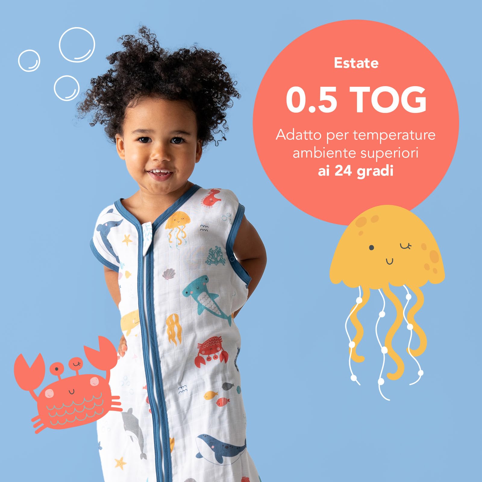 schlummersack Slumbersac Sacco nanna Tog 0.5 110 cm Animali marini in Mussola | Sacco nanna estivo 18-36 mesi leggero | Sacco a pelo bambini per asilo