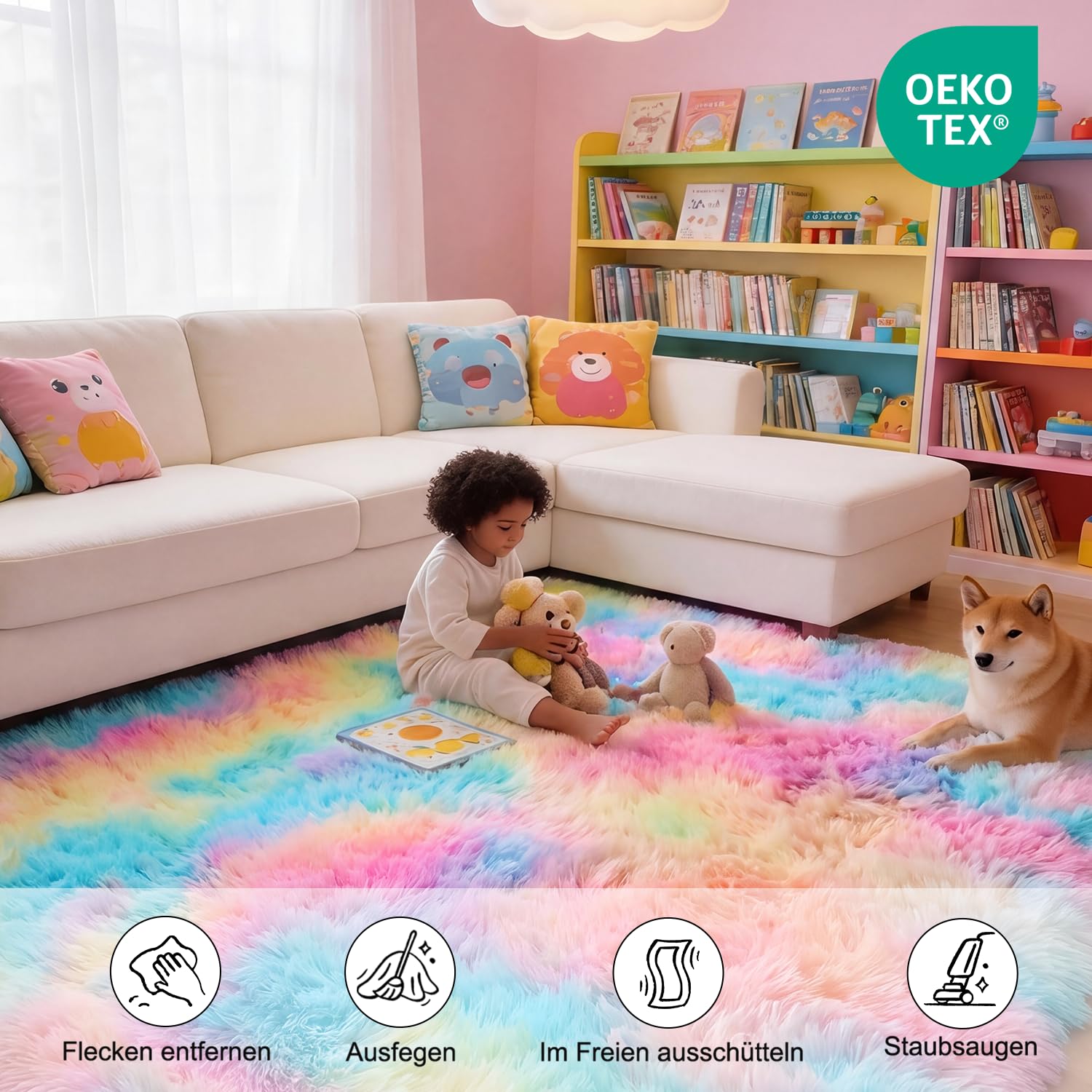 Teppich Wohnzimmer 160 x 230 cm Regenbogen Waschbar Rutschfester Hochflorteppich Kinderzimmer Schlafzimmer Flauschiger Teppiche