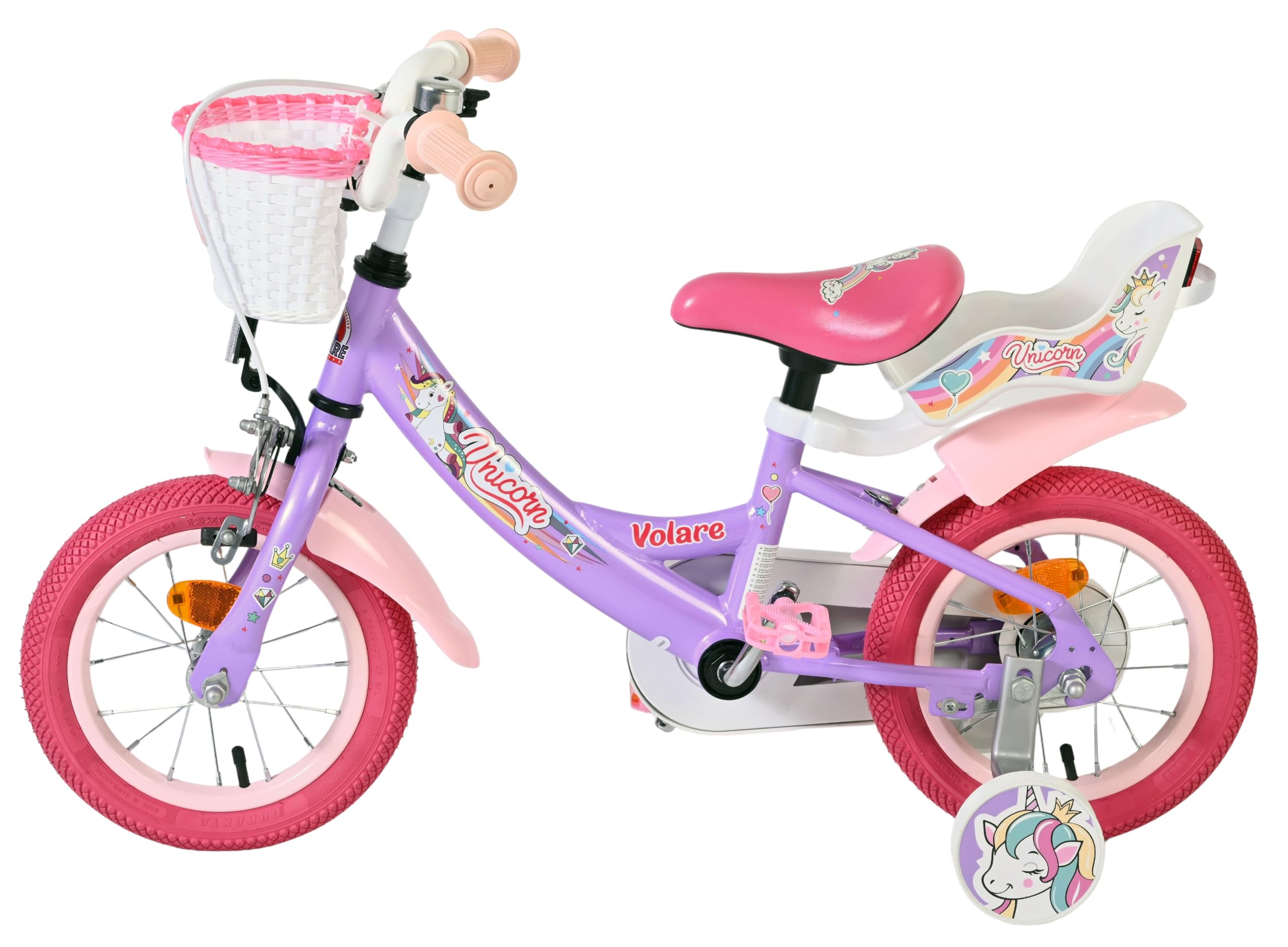 Volare Kinderfahrrad lila mit Einhorn-Sitz & rosa Felgen | Rücktritt & Handbremse | Stützräder | 3–5 Jahre | Robuste Reifen | Leicht montierbar | Geschenkidee