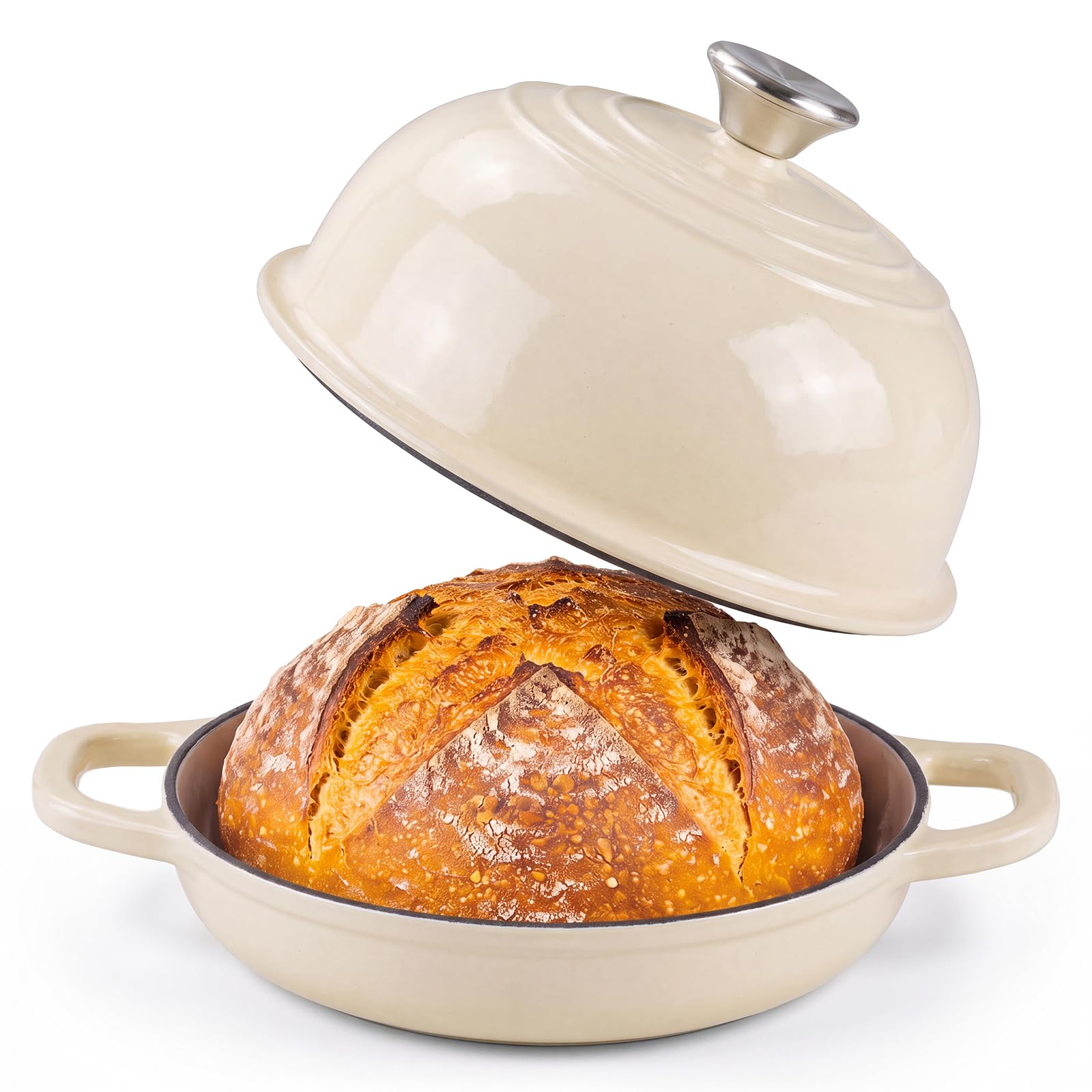 Warmiehomy Gusseisen Topf, 4.4L Emaille Brotbacktopf mit Gewölbter Deckel