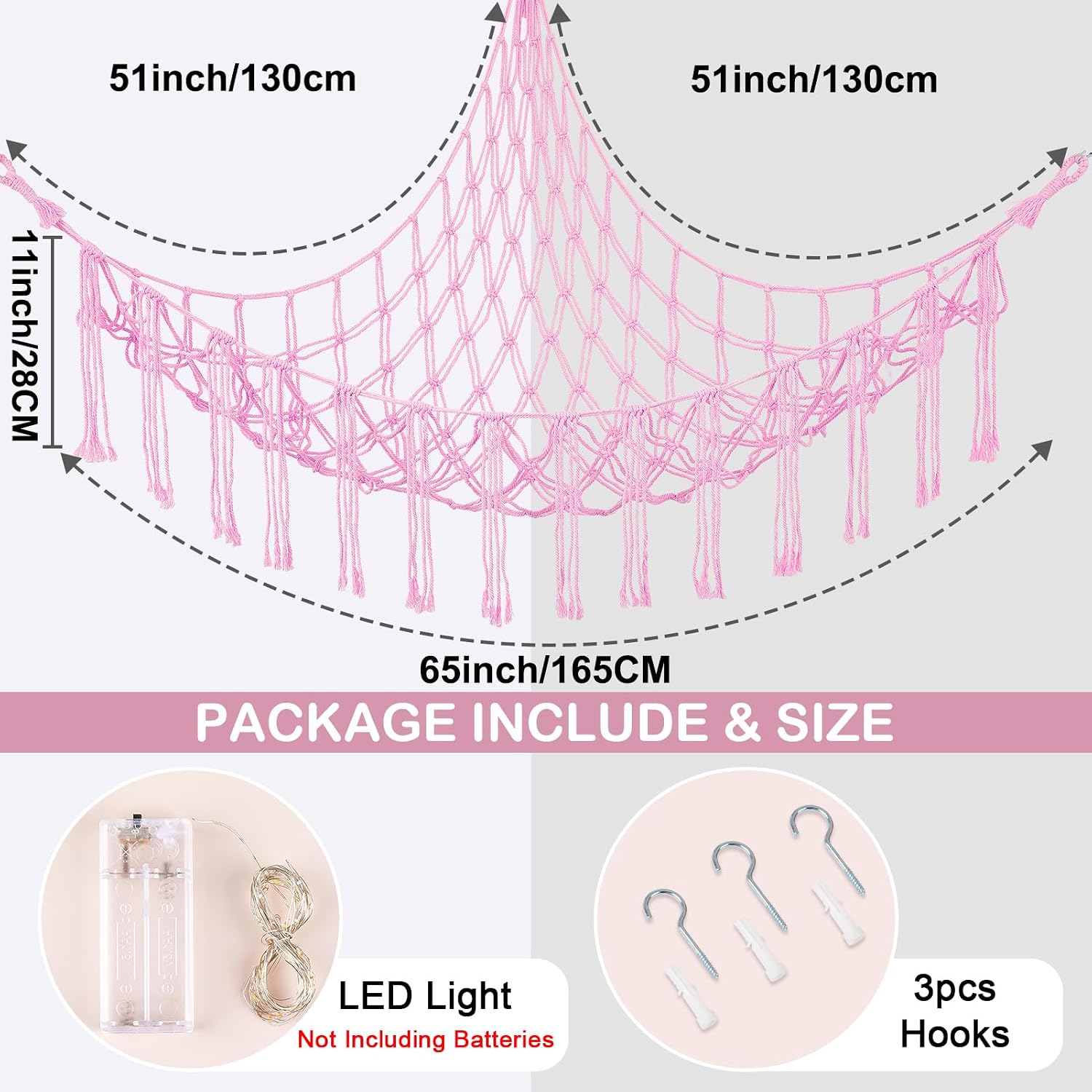 Basumee Stuffed Animals Net or Hammock with LED Light, Hanging Stuffed Animals Storage Toy Hammock Net Corner Wall Girls Room Decor Toy Storage Organizer, Pink, XL