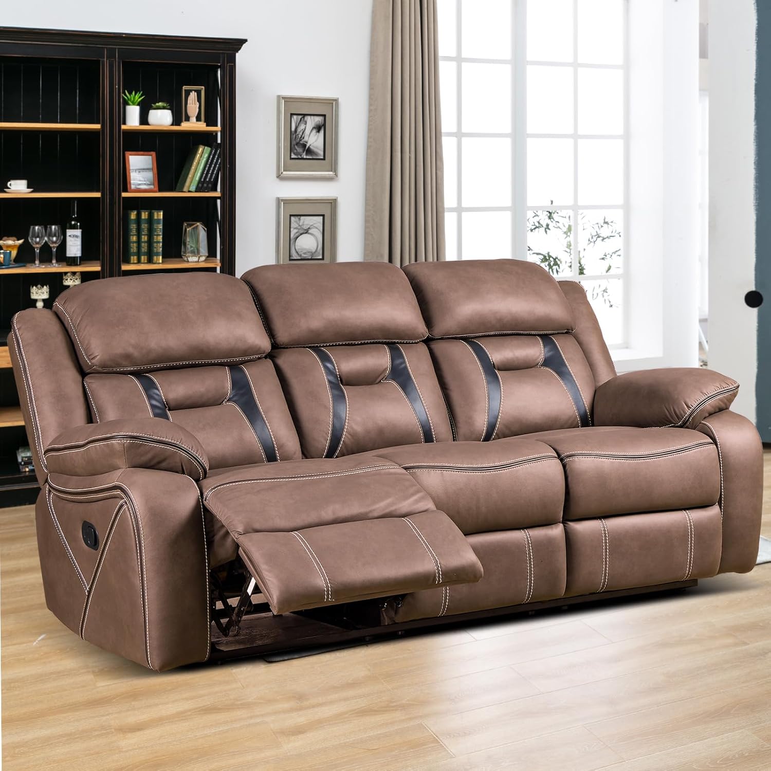 EBELLO Leather Manual Reclining Sofa, 3 Seat Recliner Sofa
