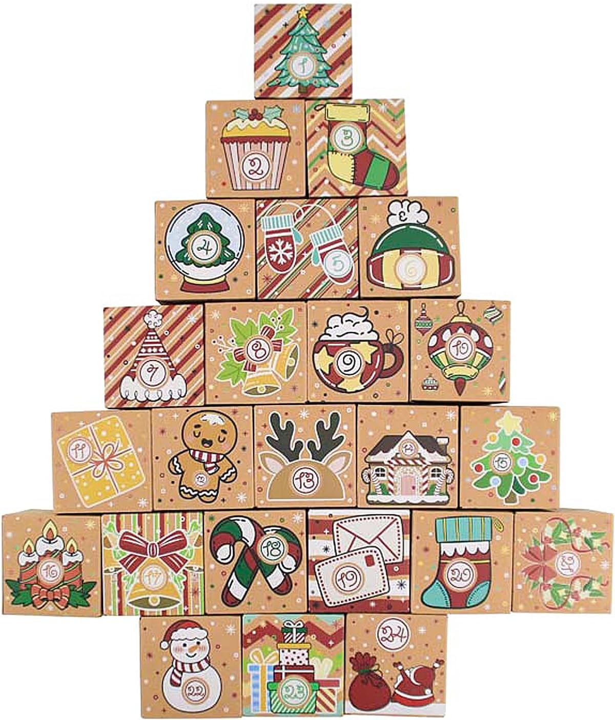 Elephant-package 24 Pcs DIY Kraft Paper Christmas Advent Calendar Boxes, 24 Days Advent Countdown Gift Boxes, Christmas Cardboard Number Boxes for Kids Adults School Office Xmas Holiday Decoration
