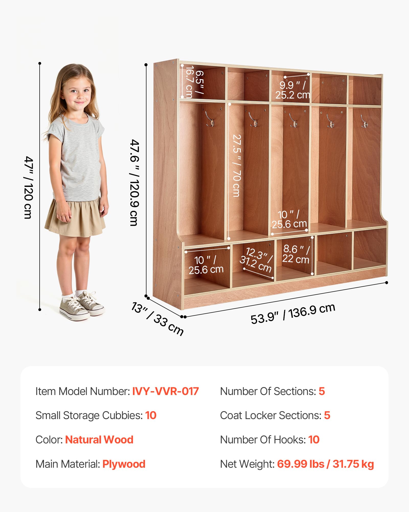 VEVOR Vestiaire 5 Enfants Ouvert, Penderie pour Enfants en Bois, Rangement pour Crèche Maternelle Garderie Maison, Meuble d'accueil Scolaire avec Casiers à Manteaux, à Chaussures et Cases Supérieures