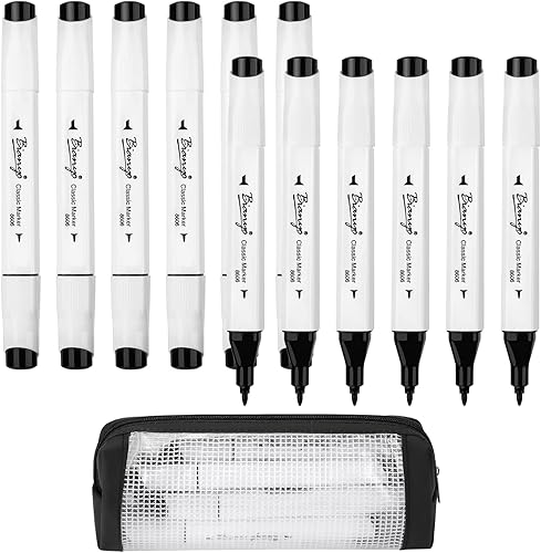 Bianyo Black Alcohol Markers Set, Set of 12, Dual Tip Bullet & Chisel Art Marker Set with Pen Case for Drawing, Sketching, Outlining, Highlighting,