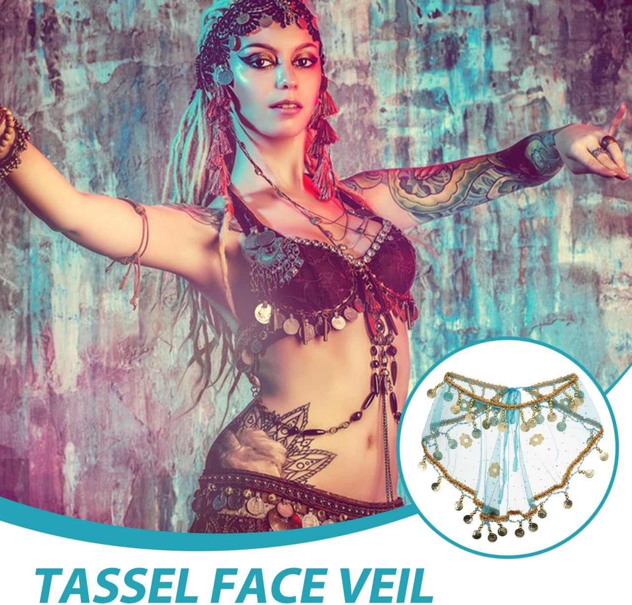 Exotic Dance Performance Veil Lightweight Breathable Tribal Face Veil with Tassel Decorations for Stage Costume Party and Masquerade - Image 4