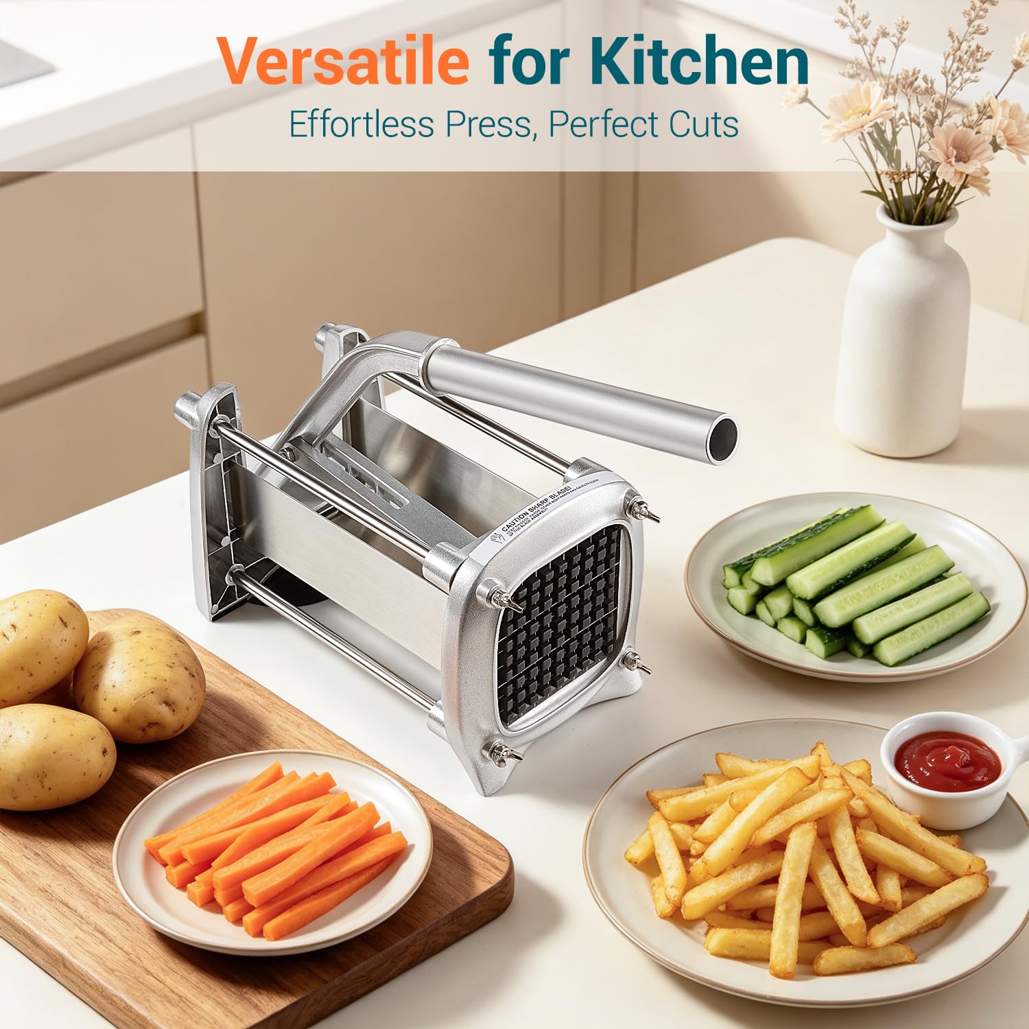 Sopito Cortador de patatas Corta Patatas Fritas Profesional | con Cuchillas de Acero Inoxidable de 6 mm, 9 mm y 12 mm para Verduras y Frutas, Plata