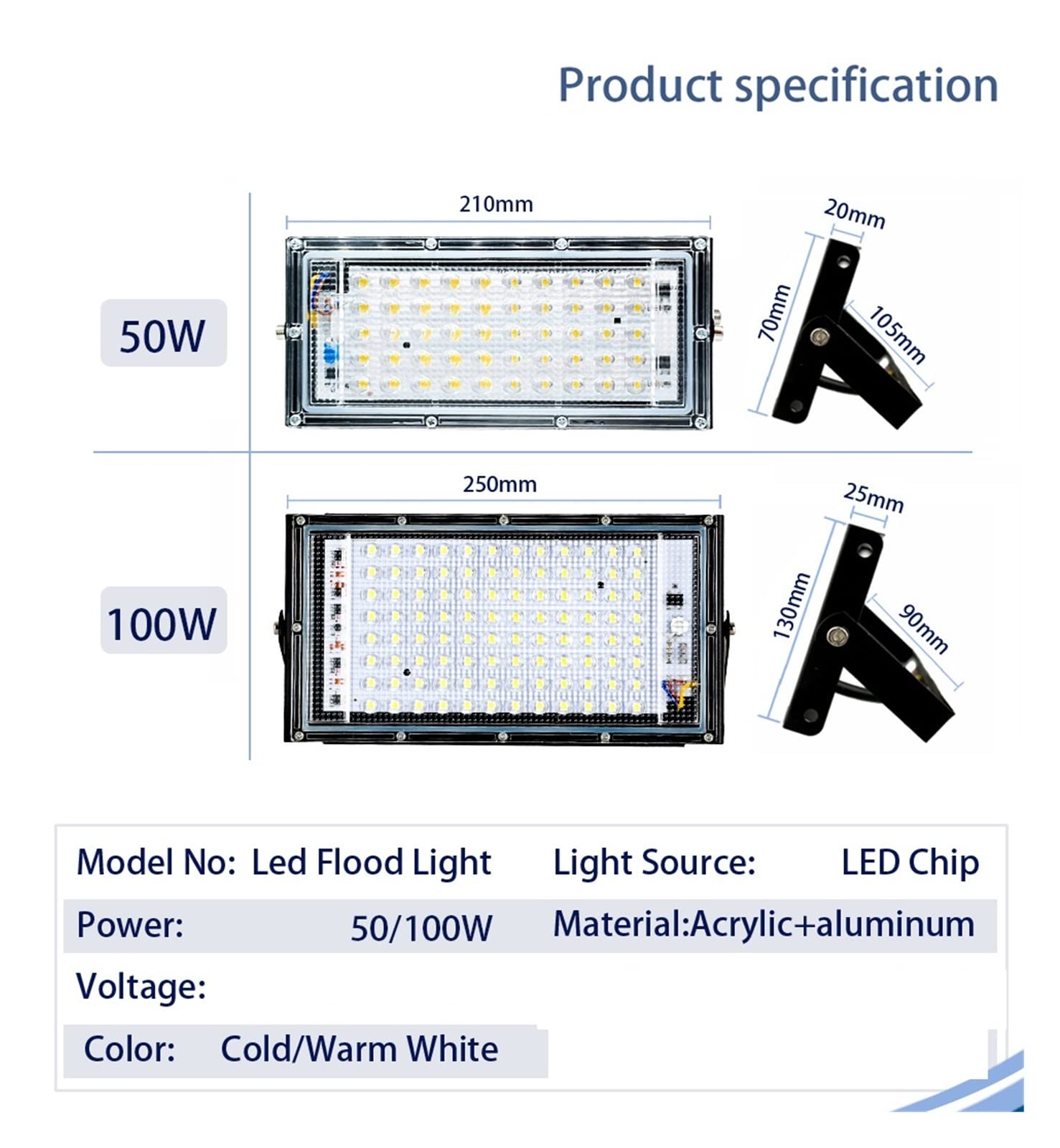 Światło powodziowe LED 2PCS DOPROWADZIŁO Lights 5 0W 100W Światło reflektorów IP65 Wodoodporny na zewnątrz Lampa ścienna do garażu, podwórza, ogrodu Na zewnątrz wodoodporny(Warm White,100W)