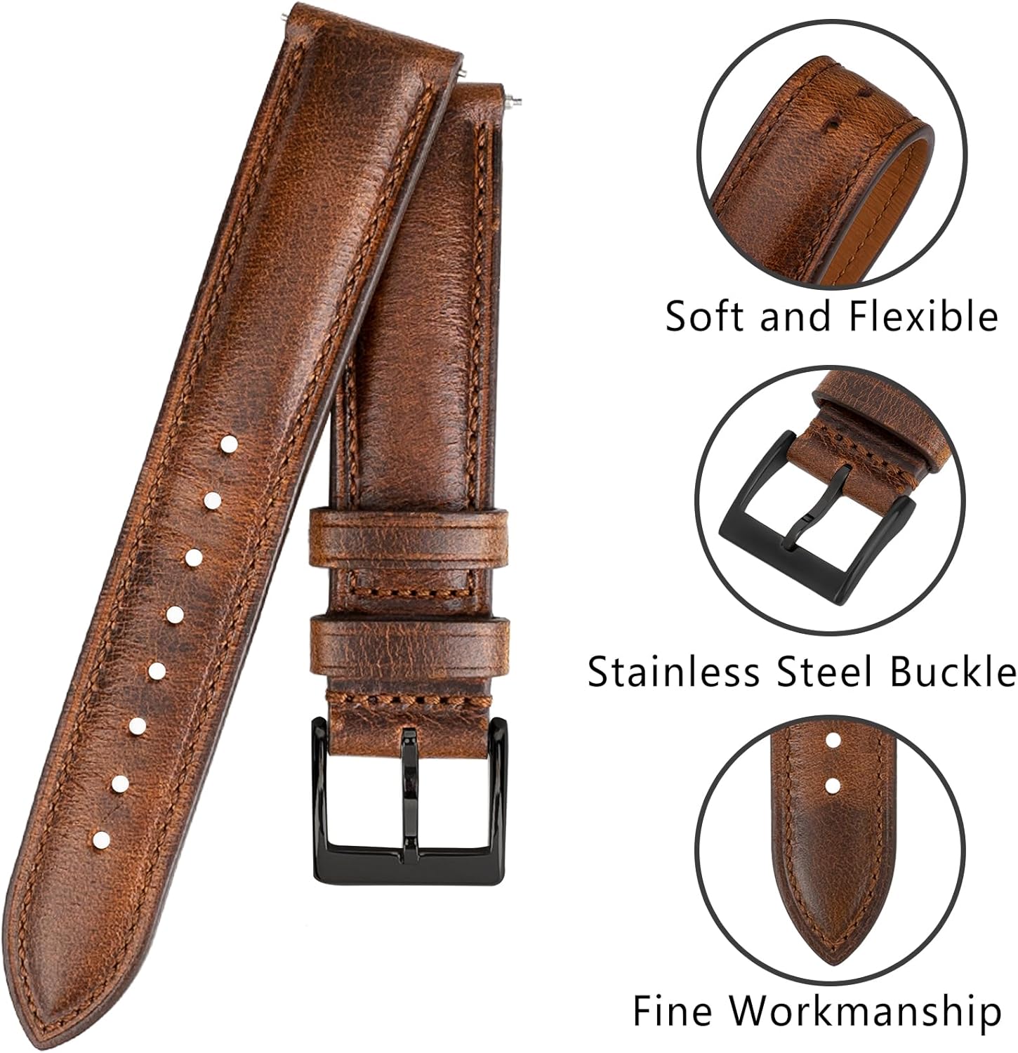 Quick Release Leather Watch Bands 14mm 16mm 18mm 19mm 20mm 21mm 22mm 24mm,Vintage Oil Wax-Tanned Leather Watch Straps Men's Watch Band Replacement Watch Strap for Men Women