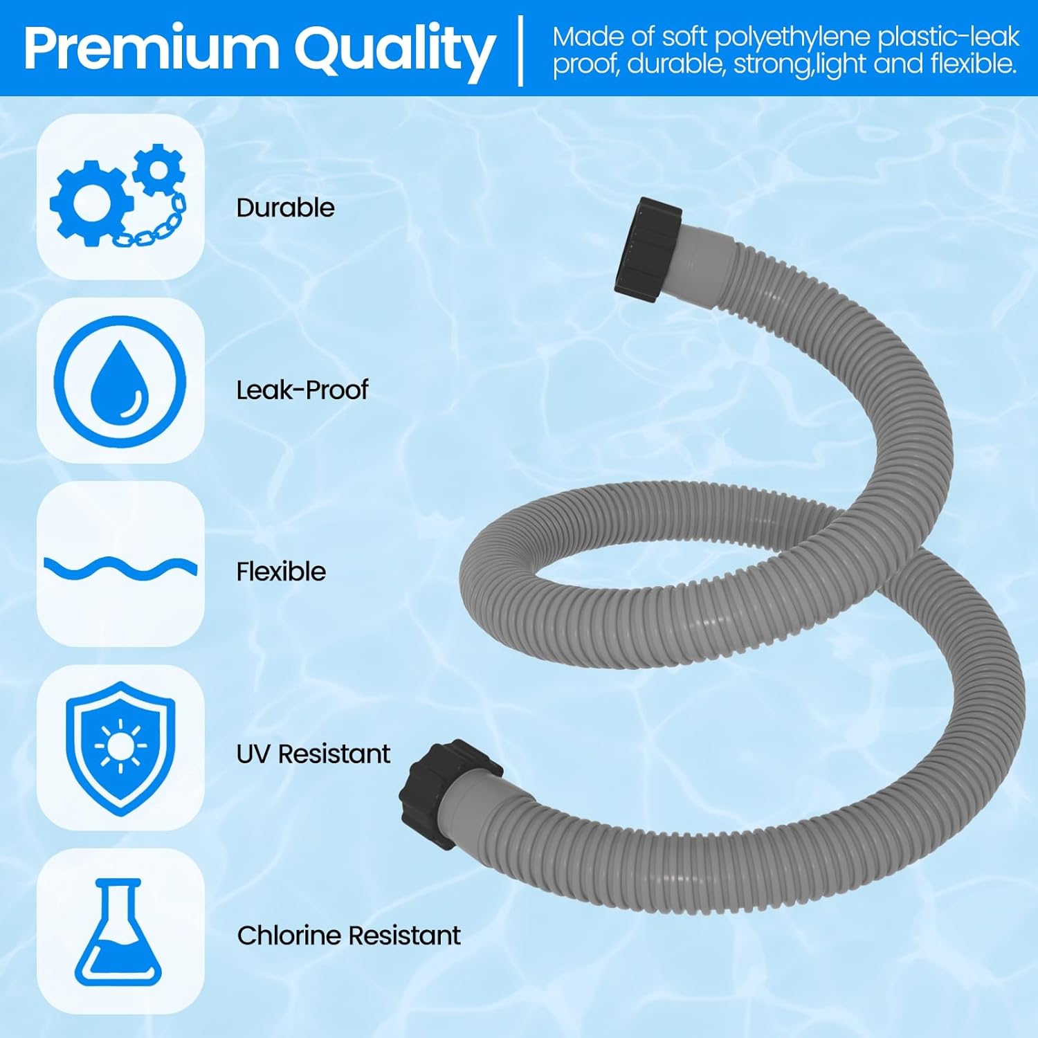 1.5" x 59" Pool Hose Replacement, Pack of 2 - Compatible with Above Ground Pools Filter Pump Hoses, Sand Filters, Saltwater Systems (1,500-2,500 GPH), Grey