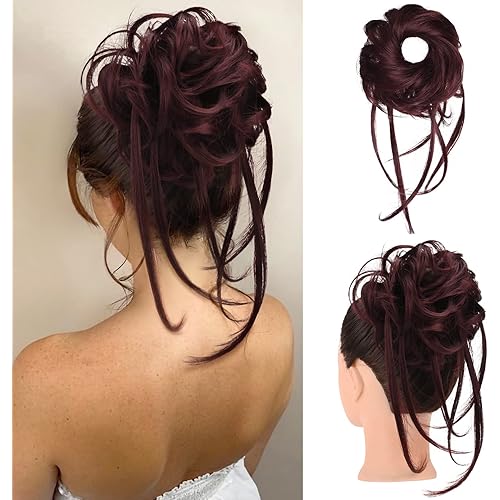 HOOJIH Messy Bun Hair Piece, Super Long Tousled Updo Bun Extensions Wavy Wrap Ponytail Hairpieces Scrunchies with Elastic Hair Band for Women HB007 Grace - Wine Red