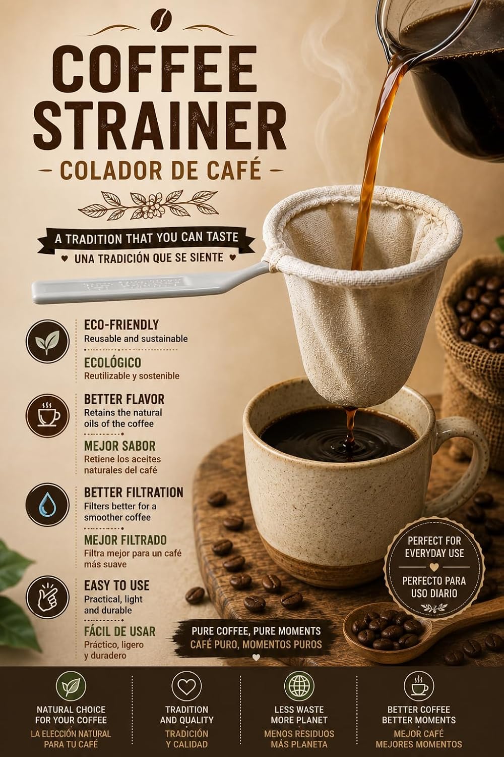 COLADOR de Cafe - COFFE STRAINER - Tela blanca 4 pulgadas de diametro
