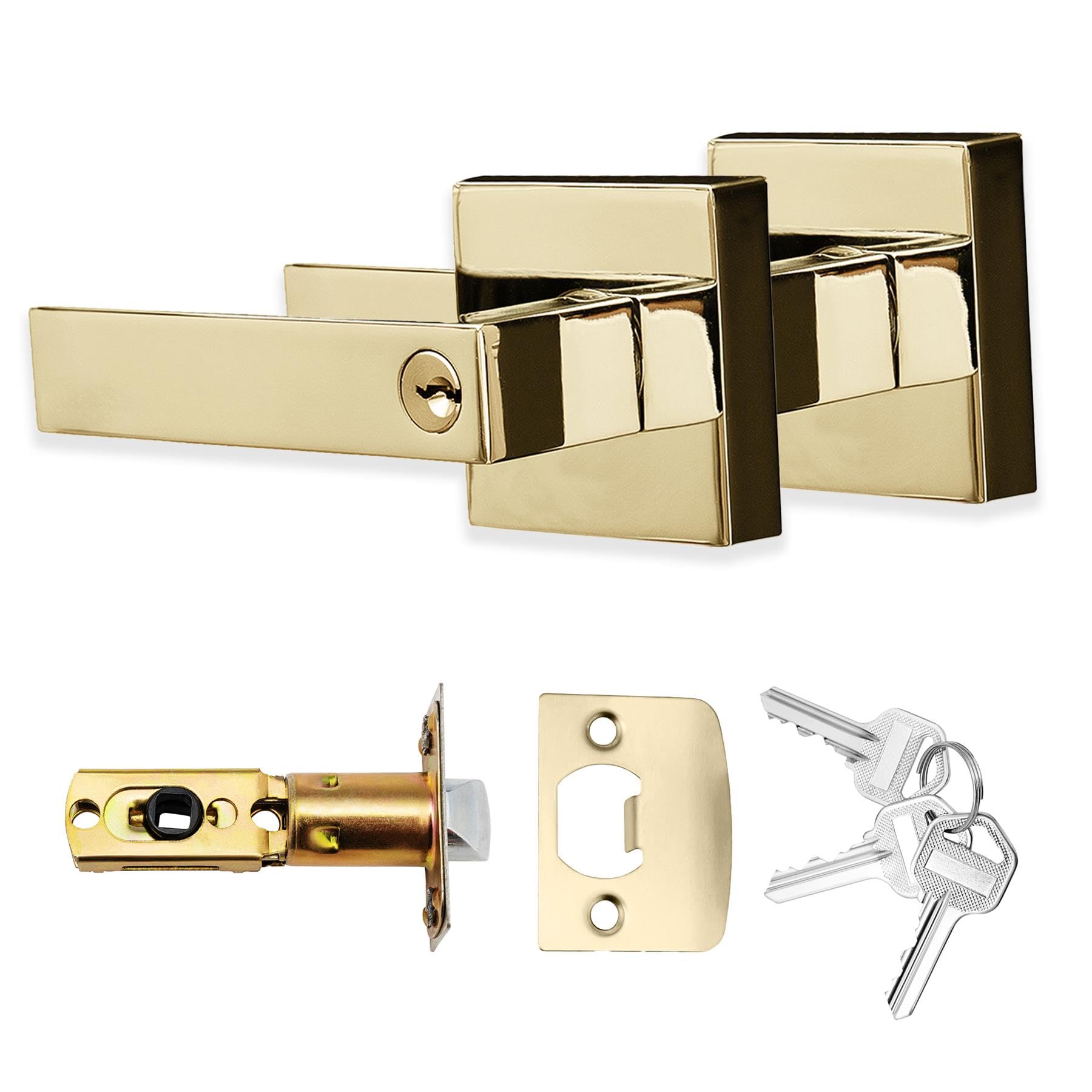 Xfort Polished Brass Quad Entrance Knob Set Door Knob With Lock For Internal Wooden Doors, Complete Set With Tubular Latch And 3 Keys
