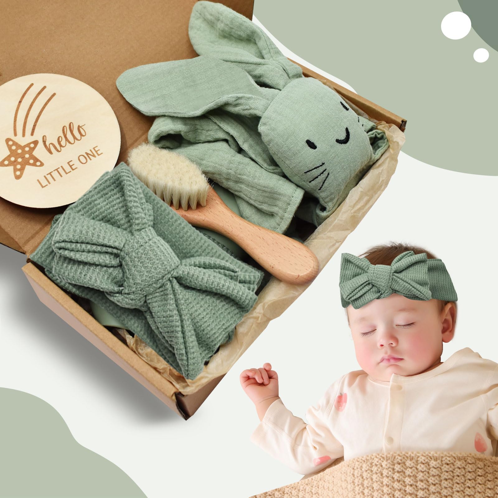 Set Regalo per Neonati, Copertina per Neonato Doudou, Regalo per Bambine con Bavaglino, Milestone, Spazzola, Fascia (Verde)