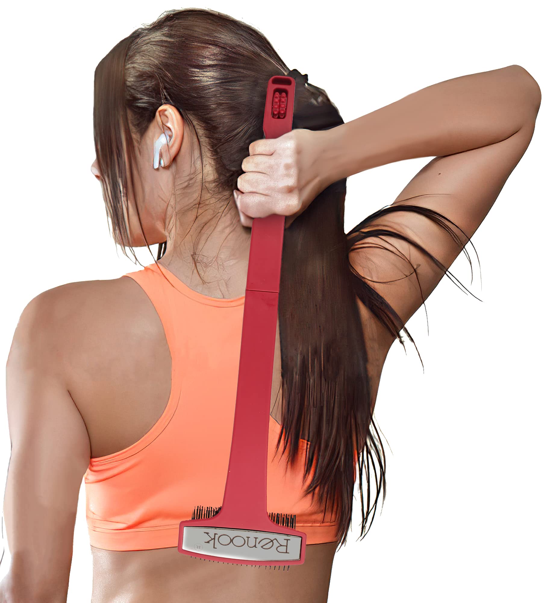 Renook Folding Back Scratcher, Oversized Bristled Scratching Wide Back Head Body Brush, Pink Exfoliating Scratcher for Girl, Stocking Stuffers for Pregnant and Women