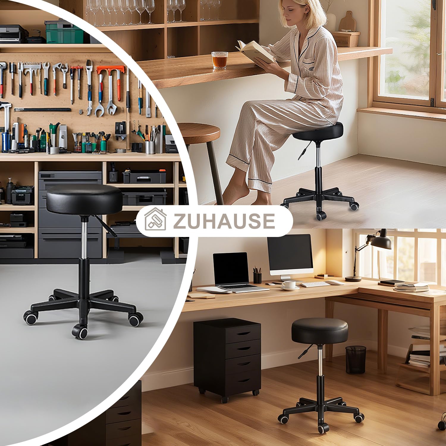 Zedelmaier Rollhocker höhenverstellbar, Bürohocker mit Gummirollen, 360° drehbar Hocker mit Rollen & 10 cm Polsterung, Sitzhocker Werkstatt, Drehhocker ergonomisch, Sitzhöhe 44–58 cm, Schwarz