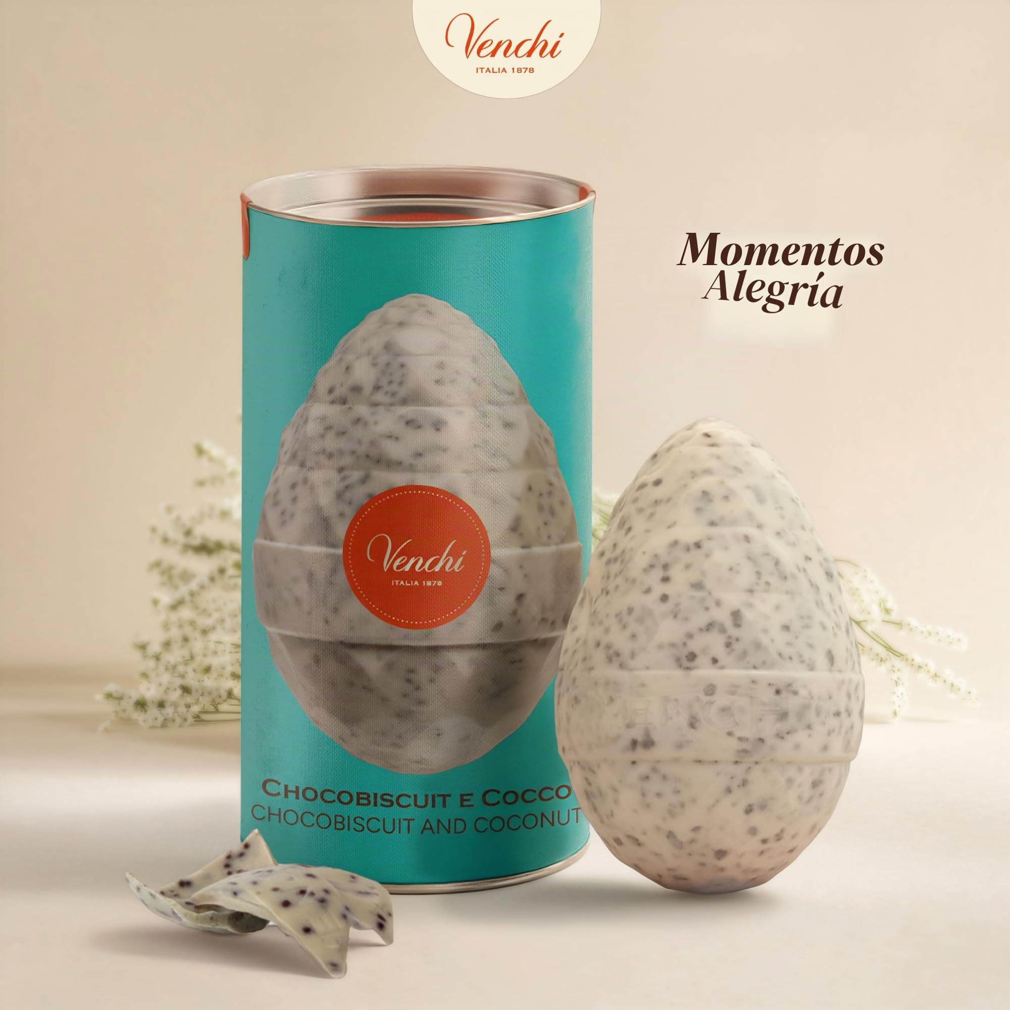 Venchi - Huevo de Chocolate de Coco y Chocobiscuit, 150 Gr, con Granillo de Galleta Negra, Sin Gluten, con Sorpresa, Colección de Pascua Venchi, Idea de Regalo