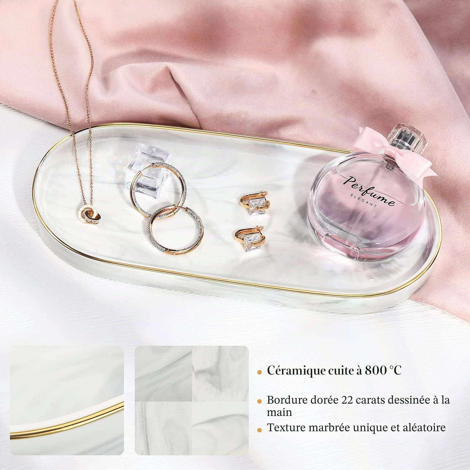 Luxspire Plateau Ovale en Céramique, Plateau de Rangement avec Bords Dorés pour Toilette, Organisateur de Salle de Bain Mutifonctionnel pour Ranger Savon, Serviette, Cosmétique, Bijoux - Blanc Marbré