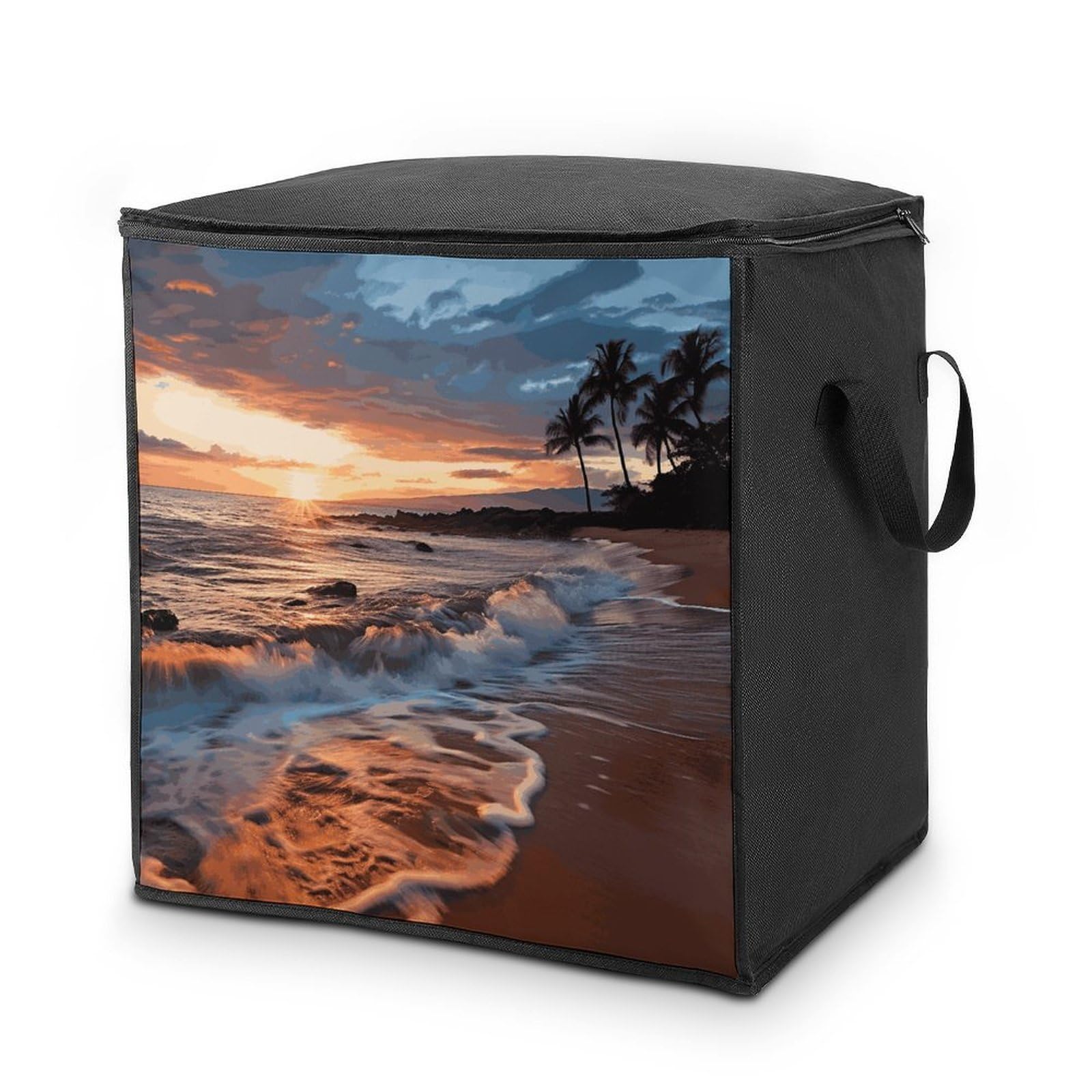 70L Beach Maui Hawaii Sunset Sea Waves Clouds Storage Bag With Zipper Closet Organizers with Handle for Home Storage Organizer for Blankets Quilts Clothes Comforter Bedding And Pillows